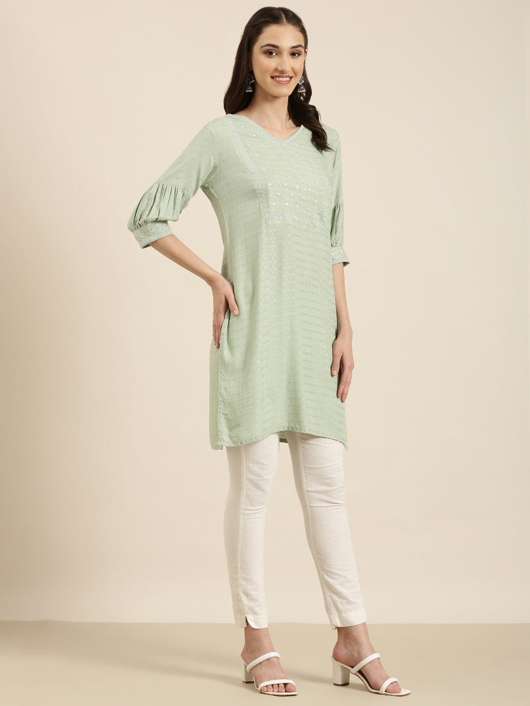 Women Sea Green Printed Straight Kurti