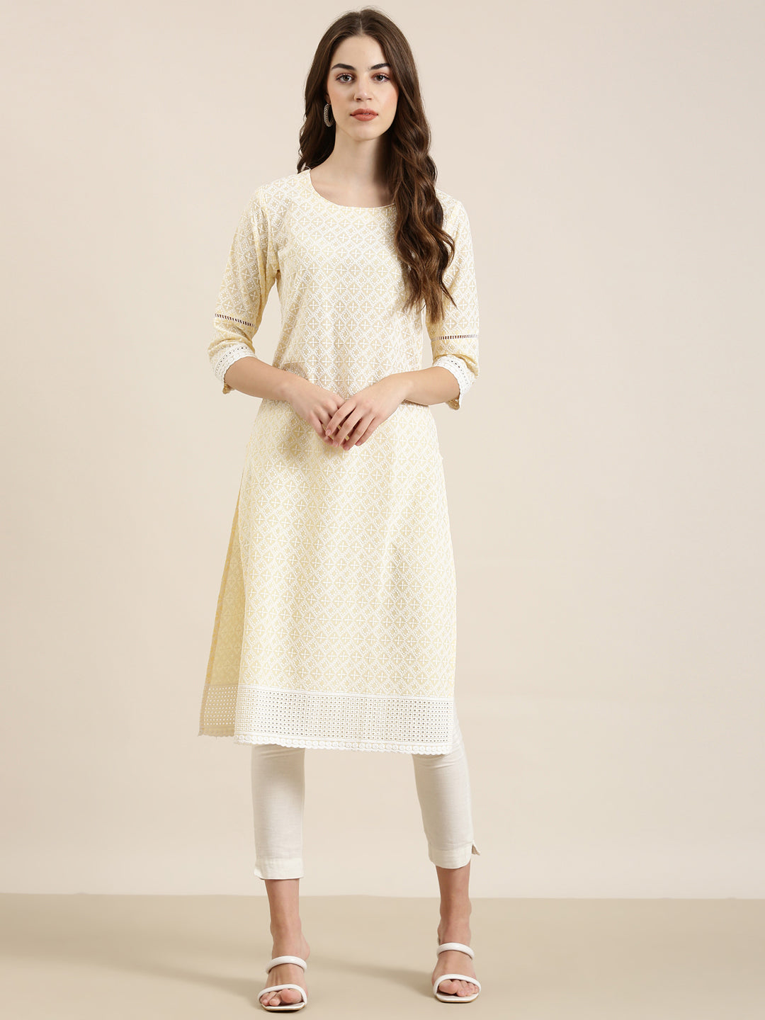 Women Yellow Embellished Straight Kurta