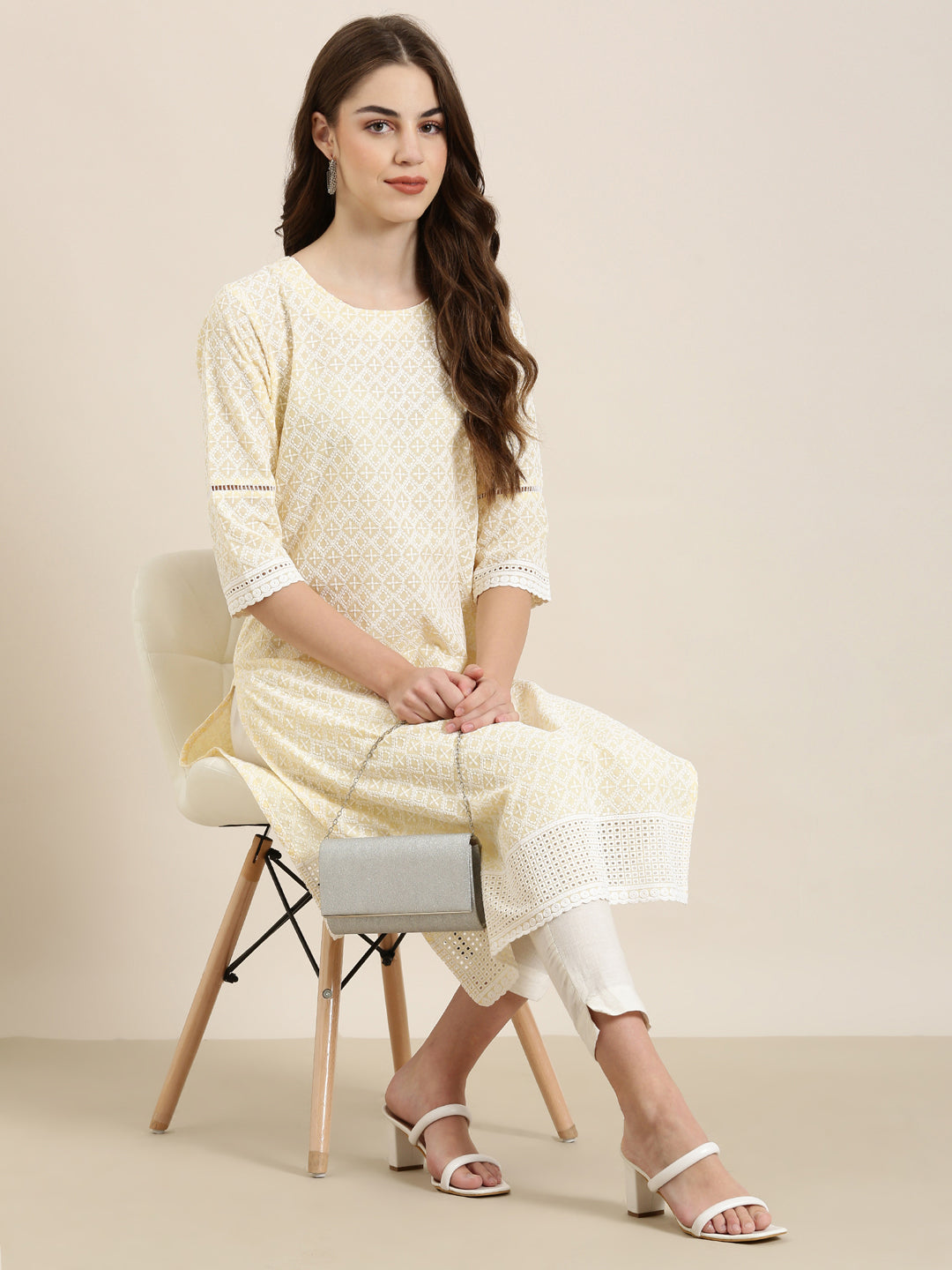 Women Yellow Embellished Straight Kurta