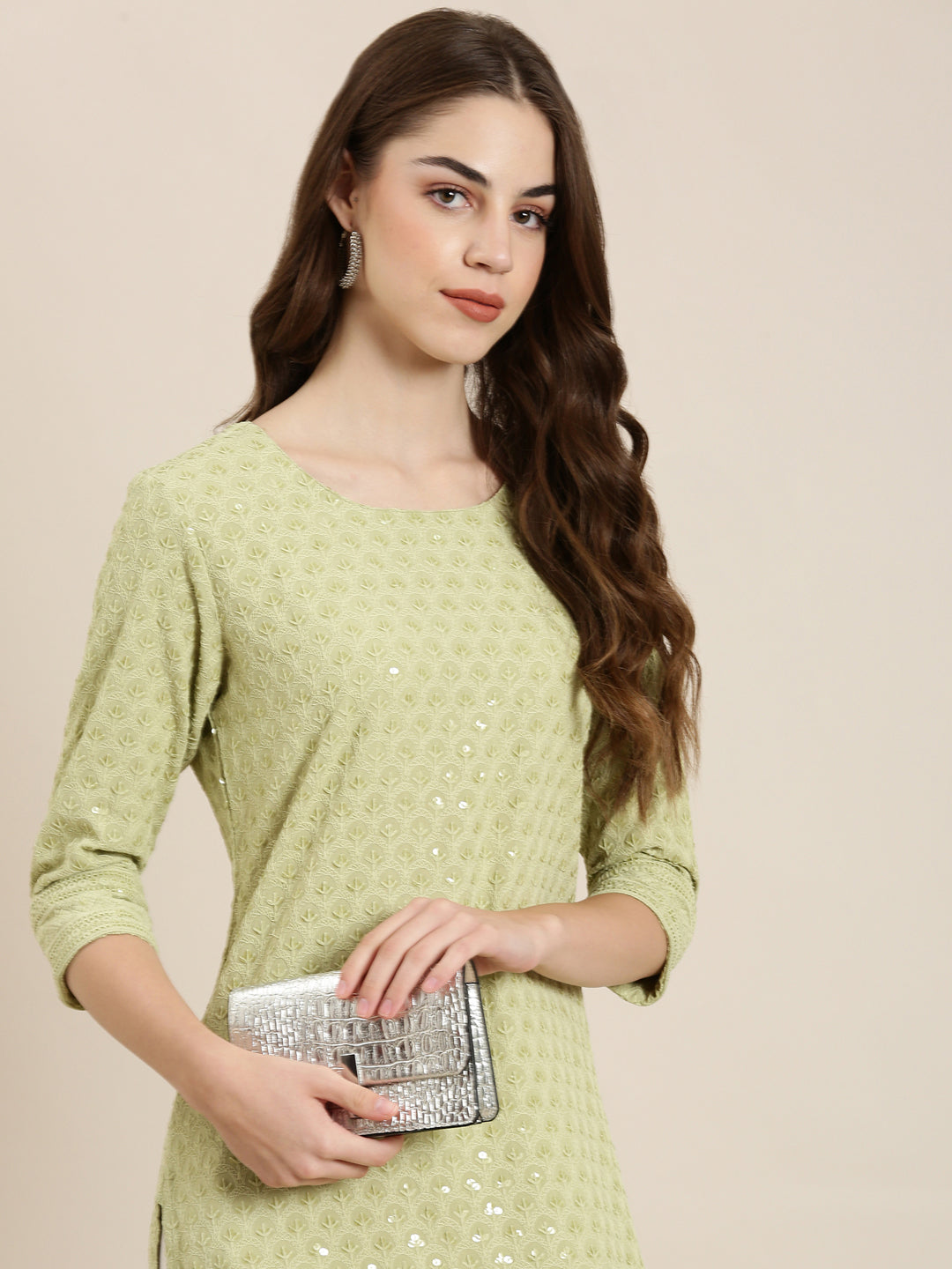 Women Lime Green Embellished Straight Kurta