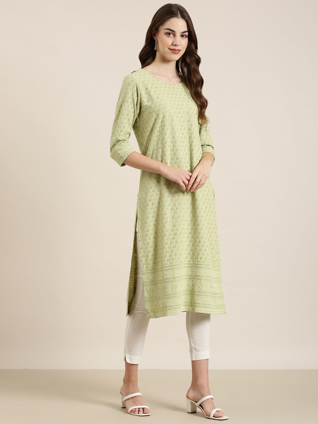 Women Lime Green Embellished Straight Kurta