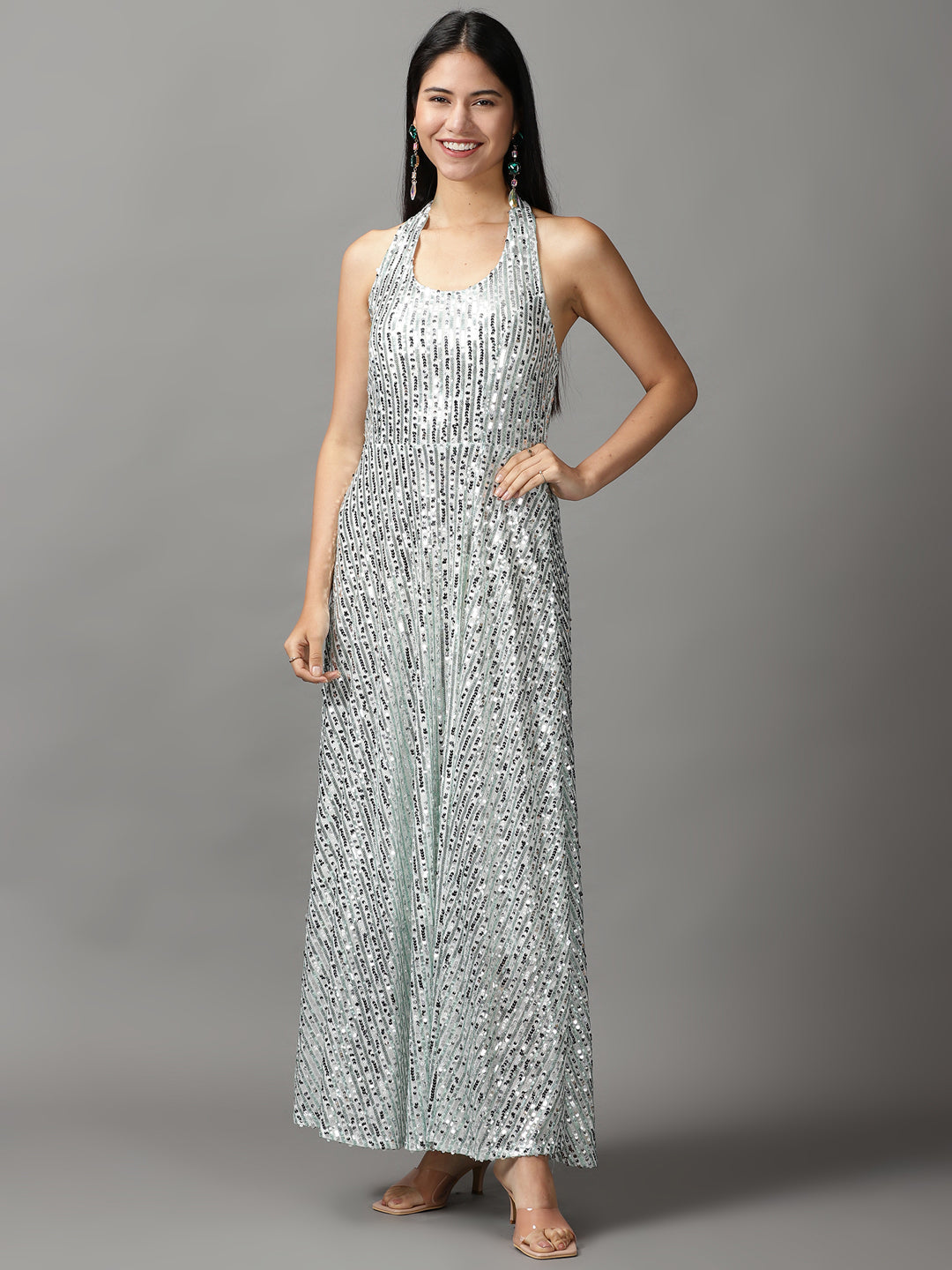 Women's Silver Embellished Gown Dress