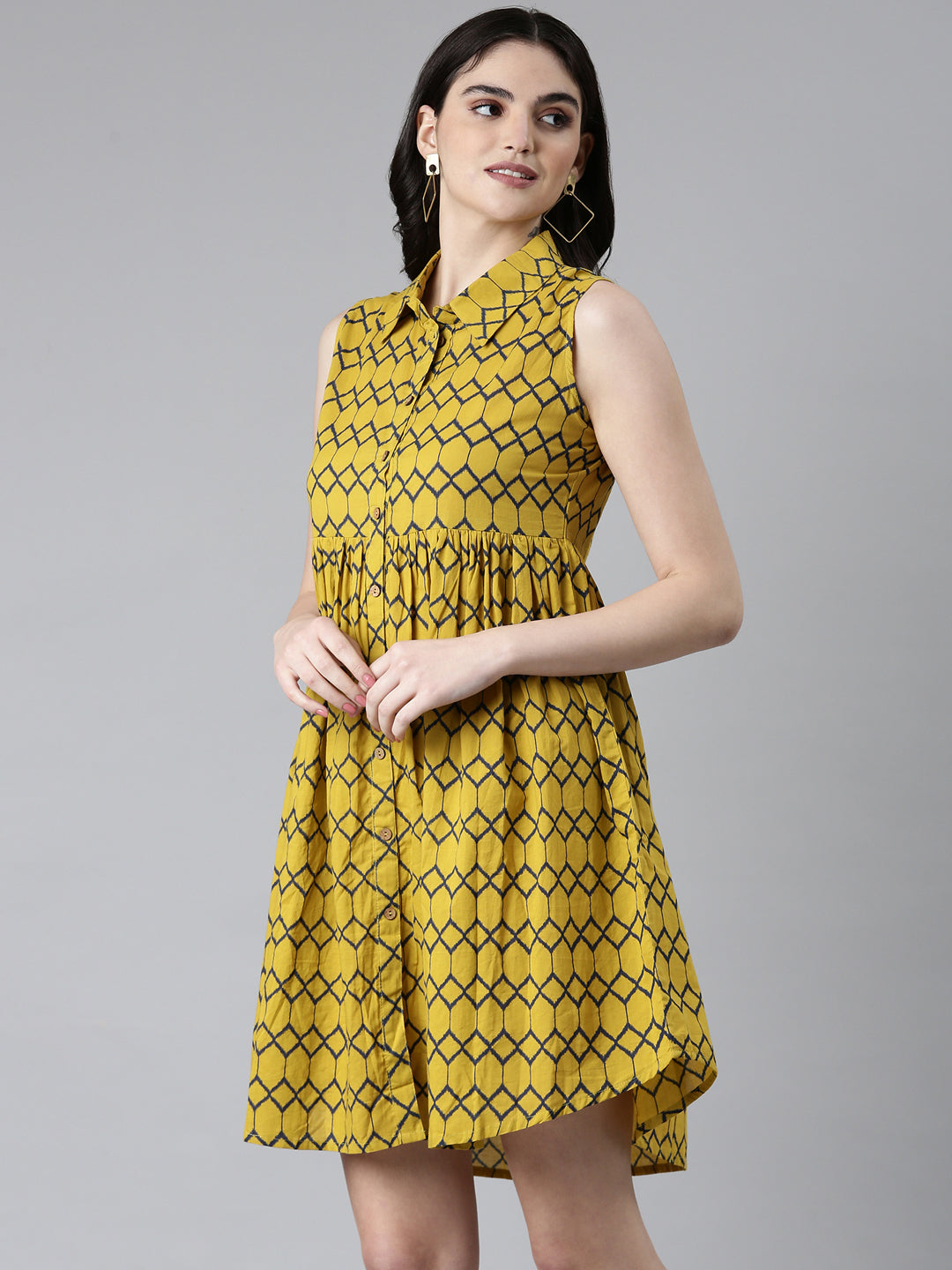 Women Mustard Geometrical A-Line Dress