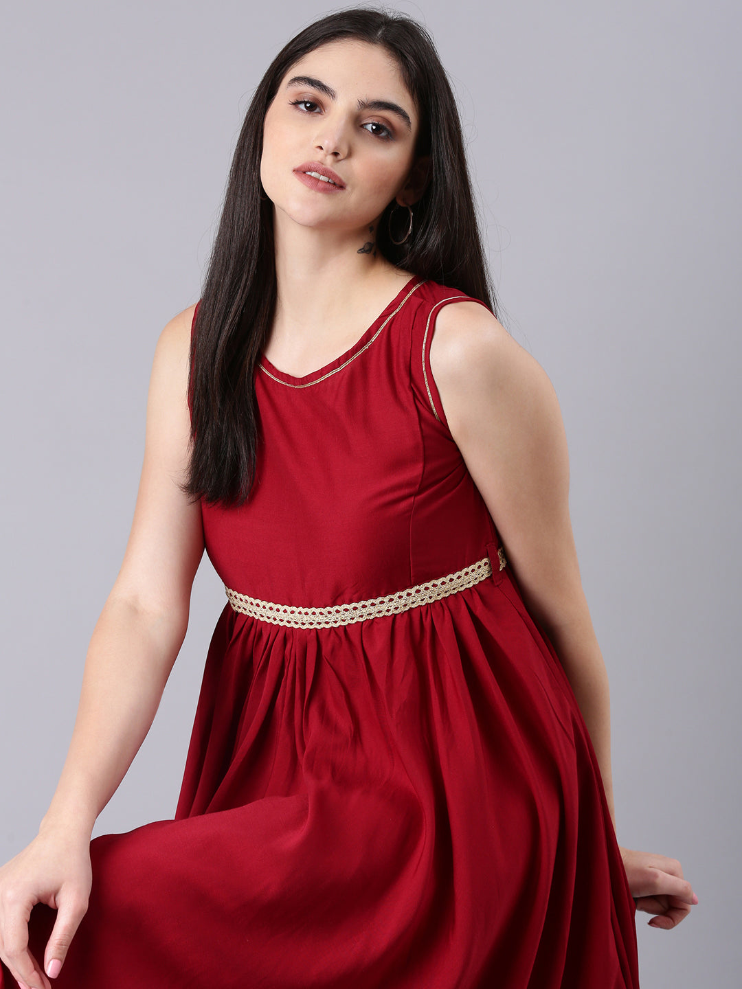 Women Maroon Solid Fit and Flare Dress