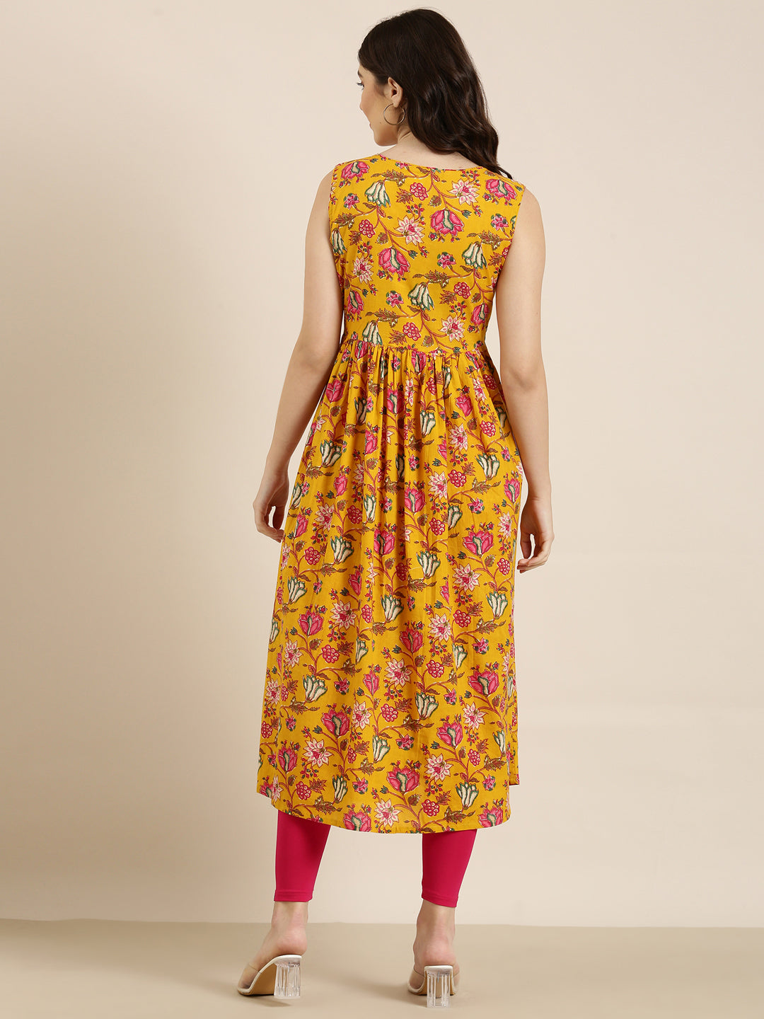 Women Mustard Floral Anarkali Kurta