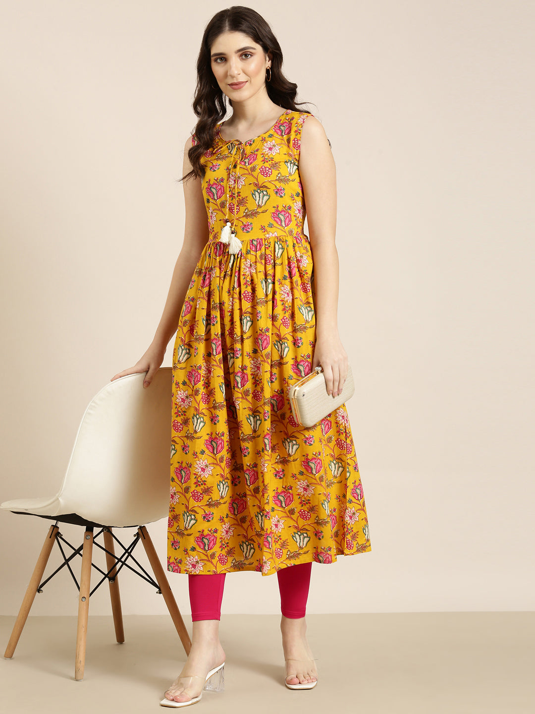 Women Mustard Floral Anarkali Kurta