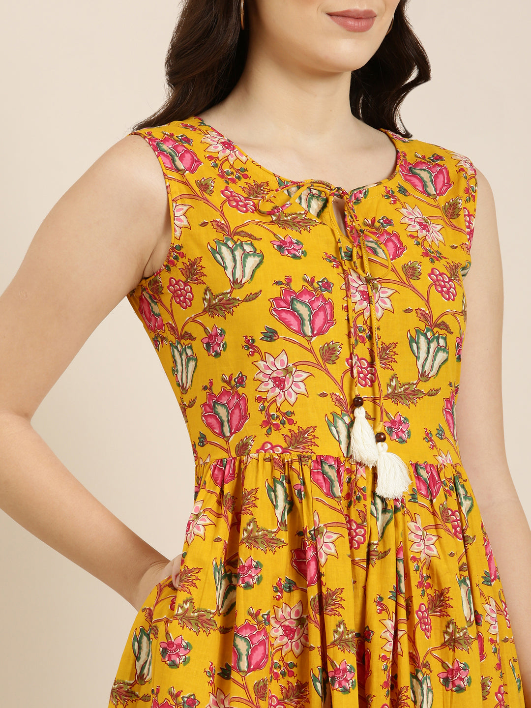 Women Mustard Floral Anarkali Kurta