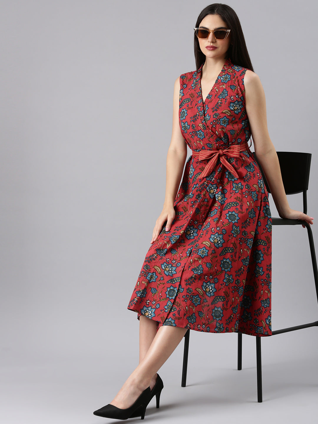 Women Fuchsia Floral Wrap Dress