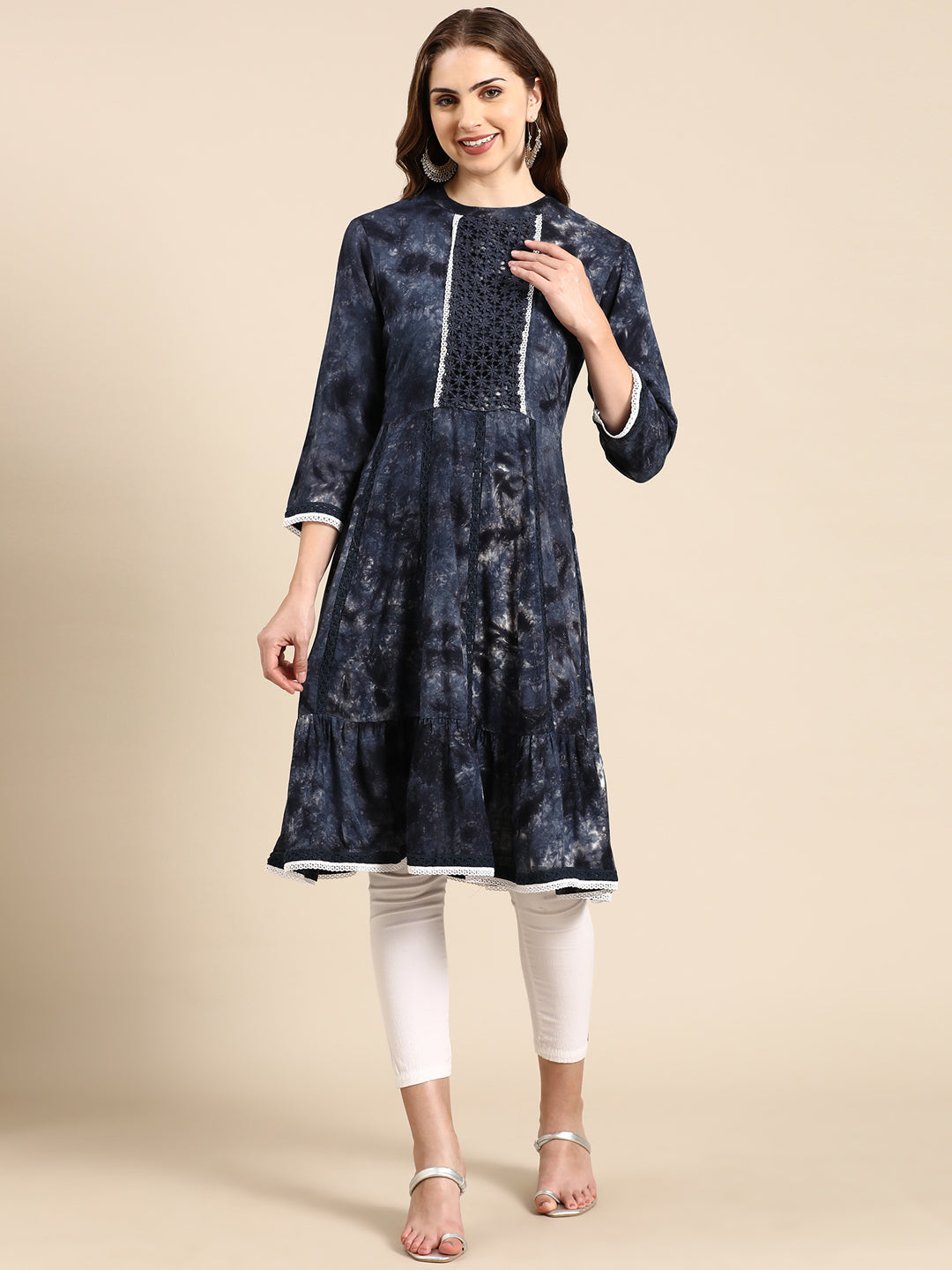 Women's Navy Blue Printed Anarkali Kurta