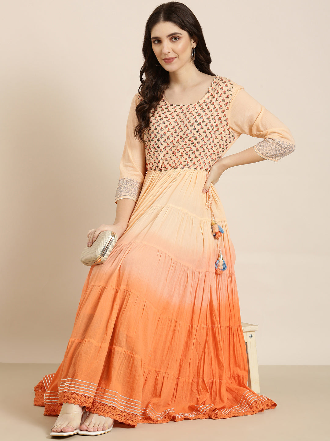 Women Peach Floral Anarkali Kurta