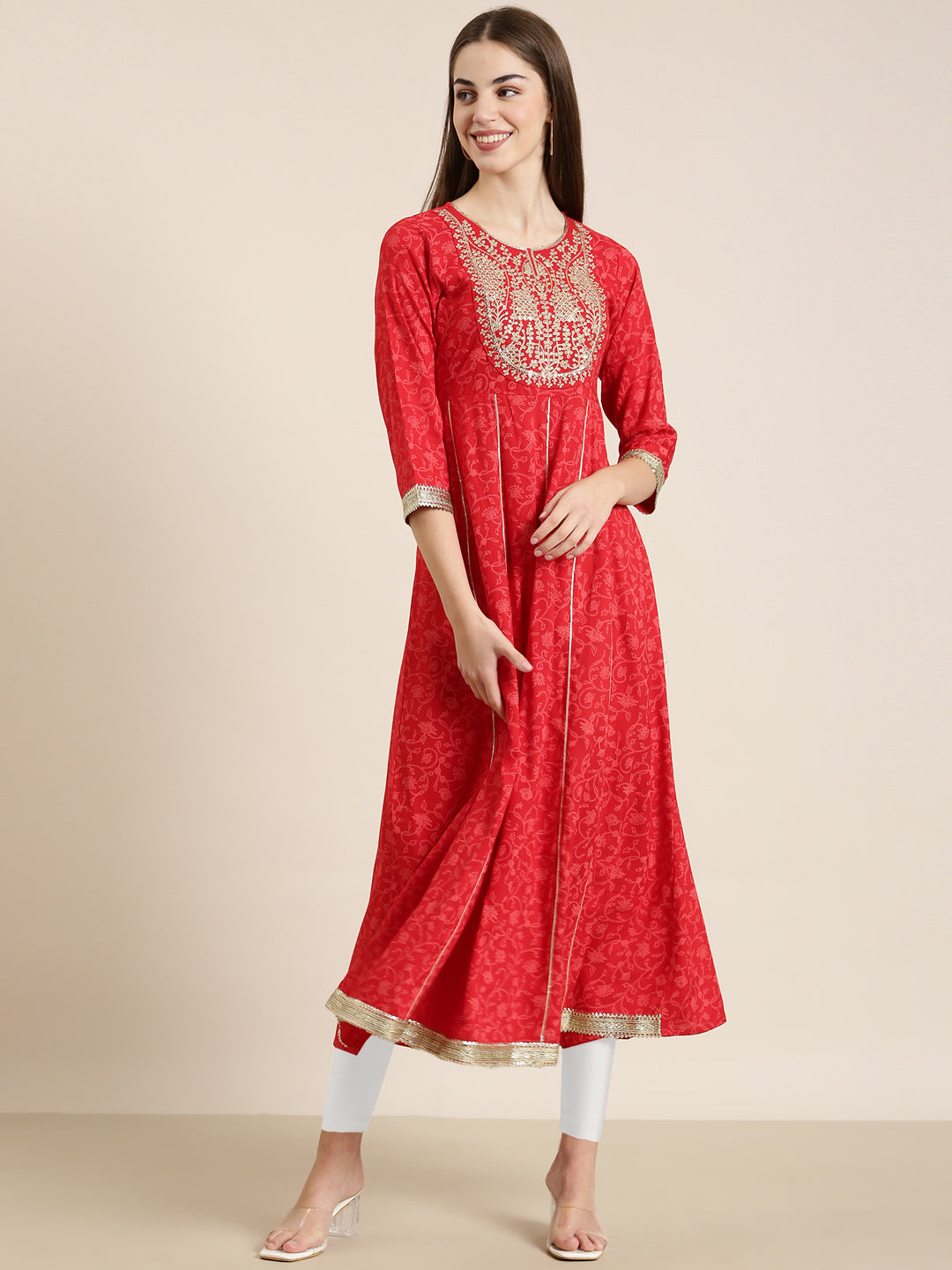 Women Red Floral Anarkali Kurta