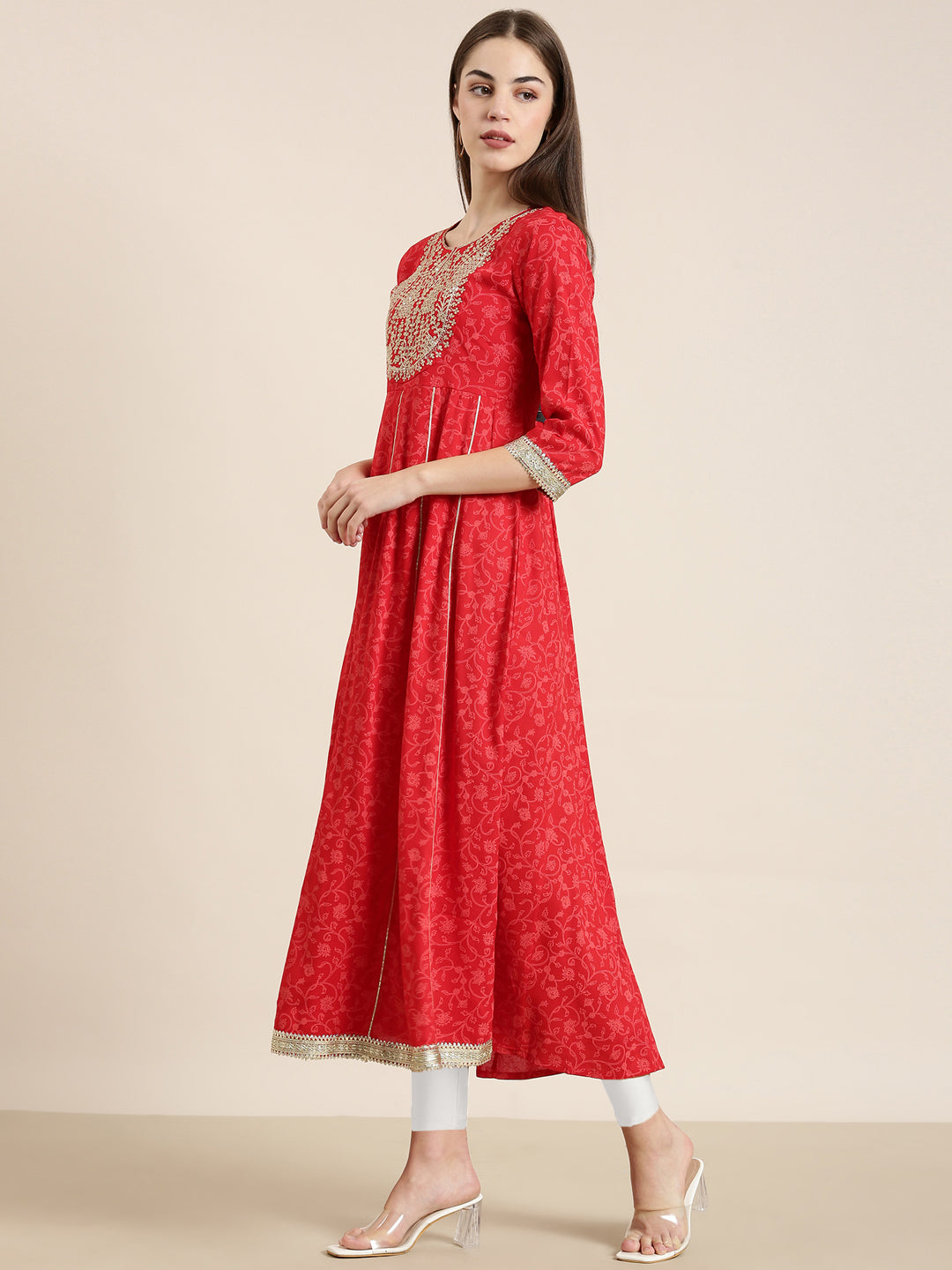 Women Red Floral Anarkali Kurta