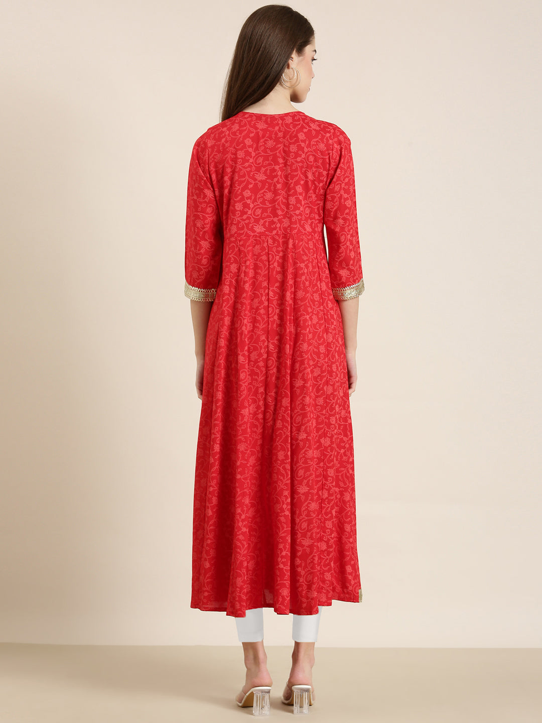 Women Red Floral Anarkali Kurta