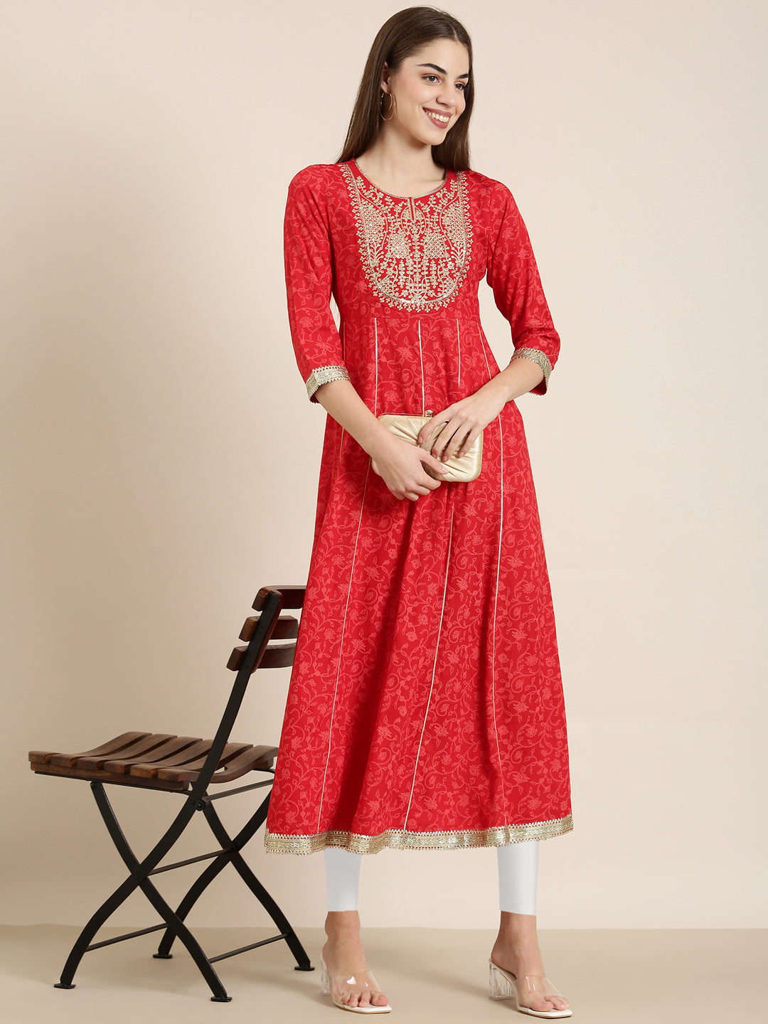 Women Red Floral Anarkali Kurta