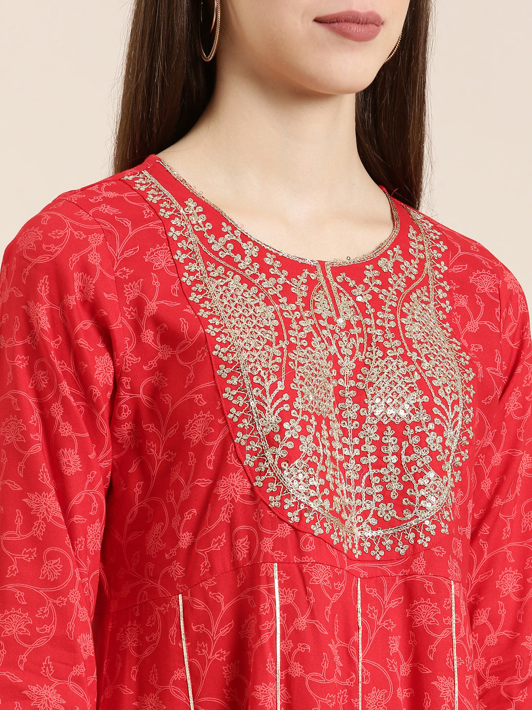 Women Red Floral Anarkali Kurta