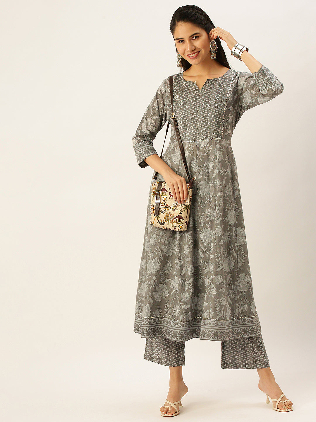 Women's Grey Printed Kurta Sets