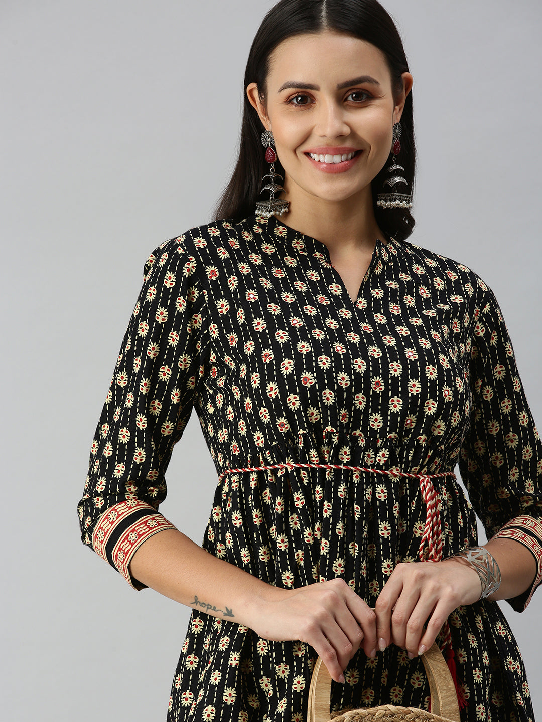 Women's Black Floral A-Line Kurti