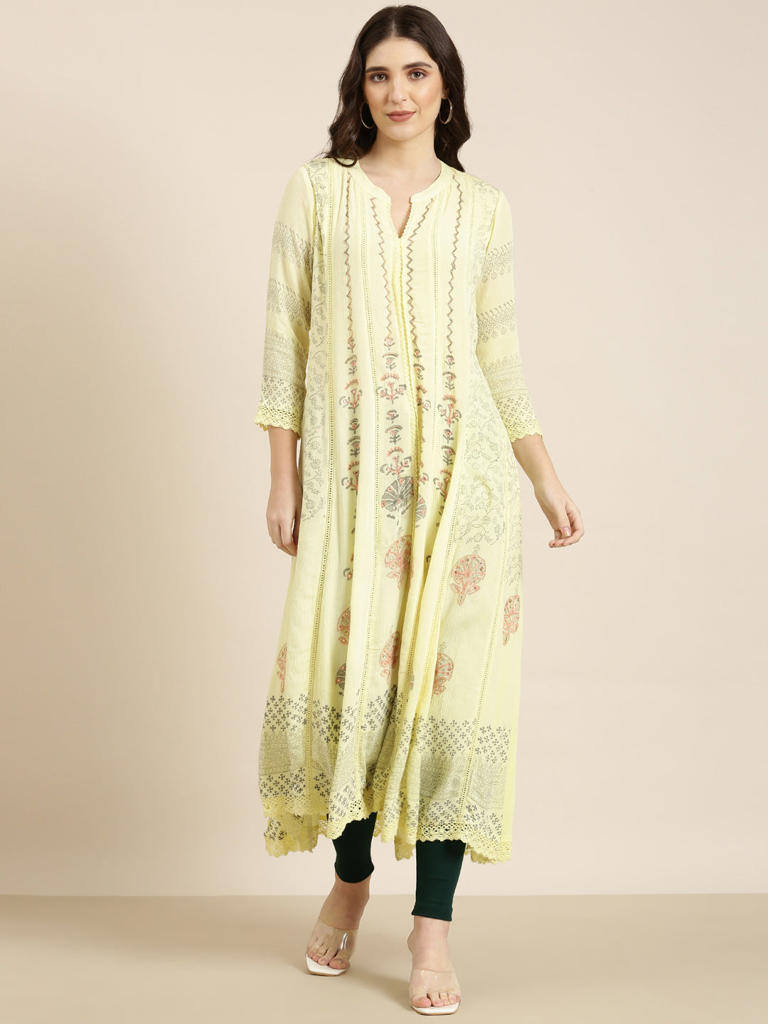 Women Yellow Floral A-Line Kurta