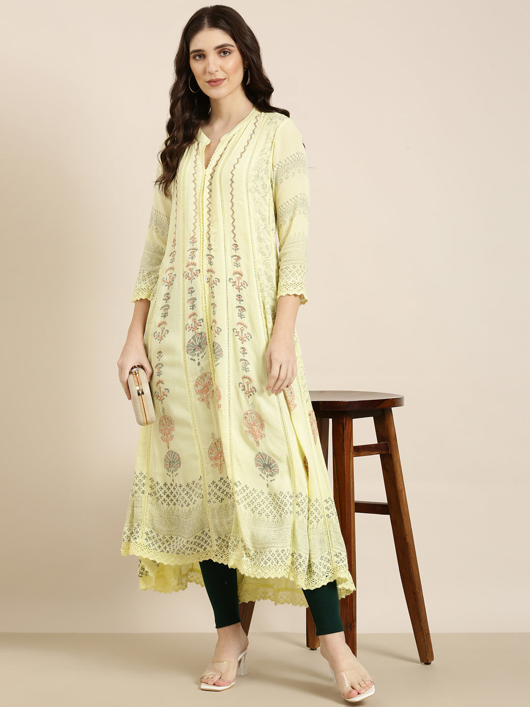 Women Yellow Floral A-Line Kurta