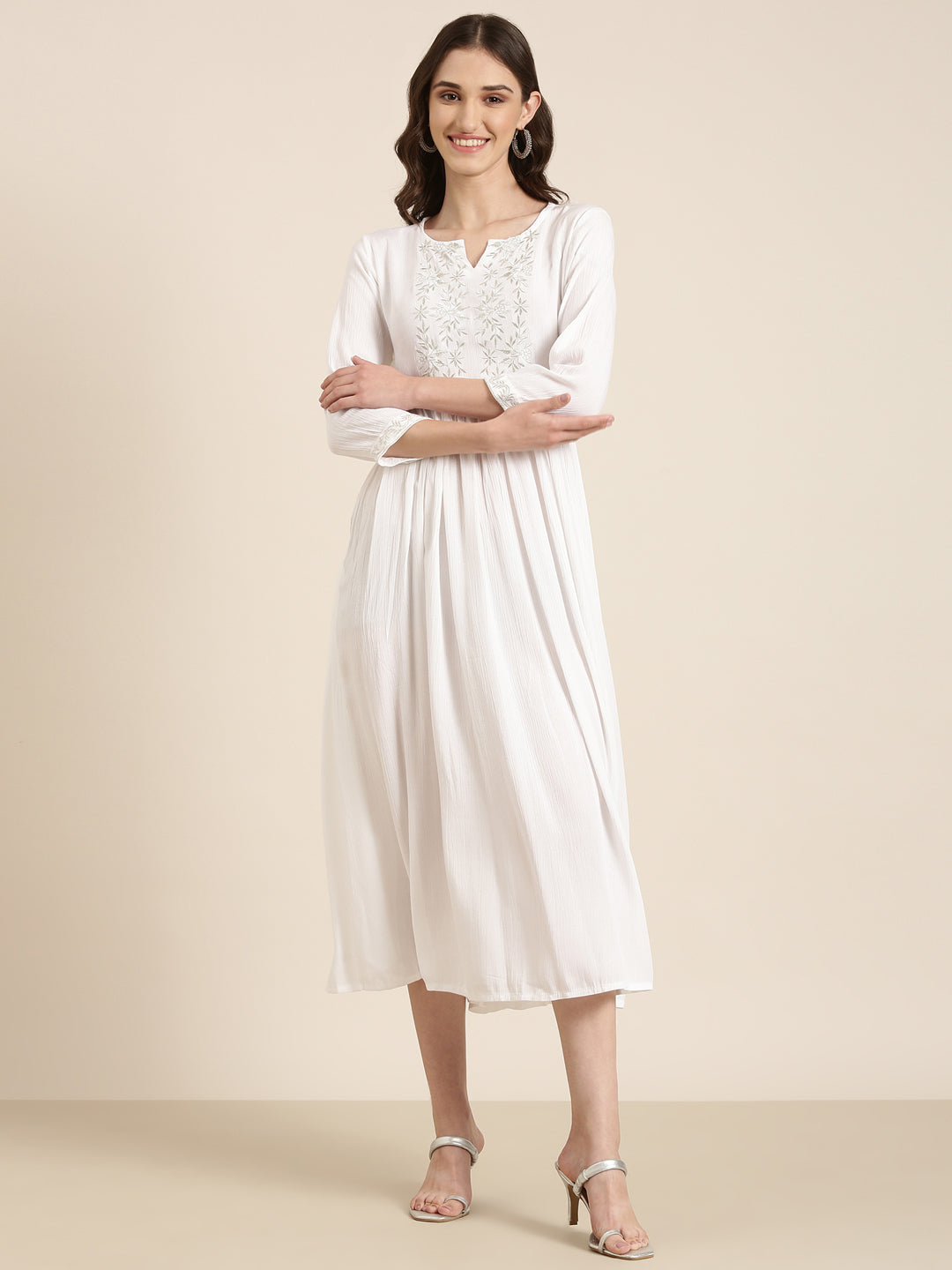 Women White Solid Fit and Flare Dress