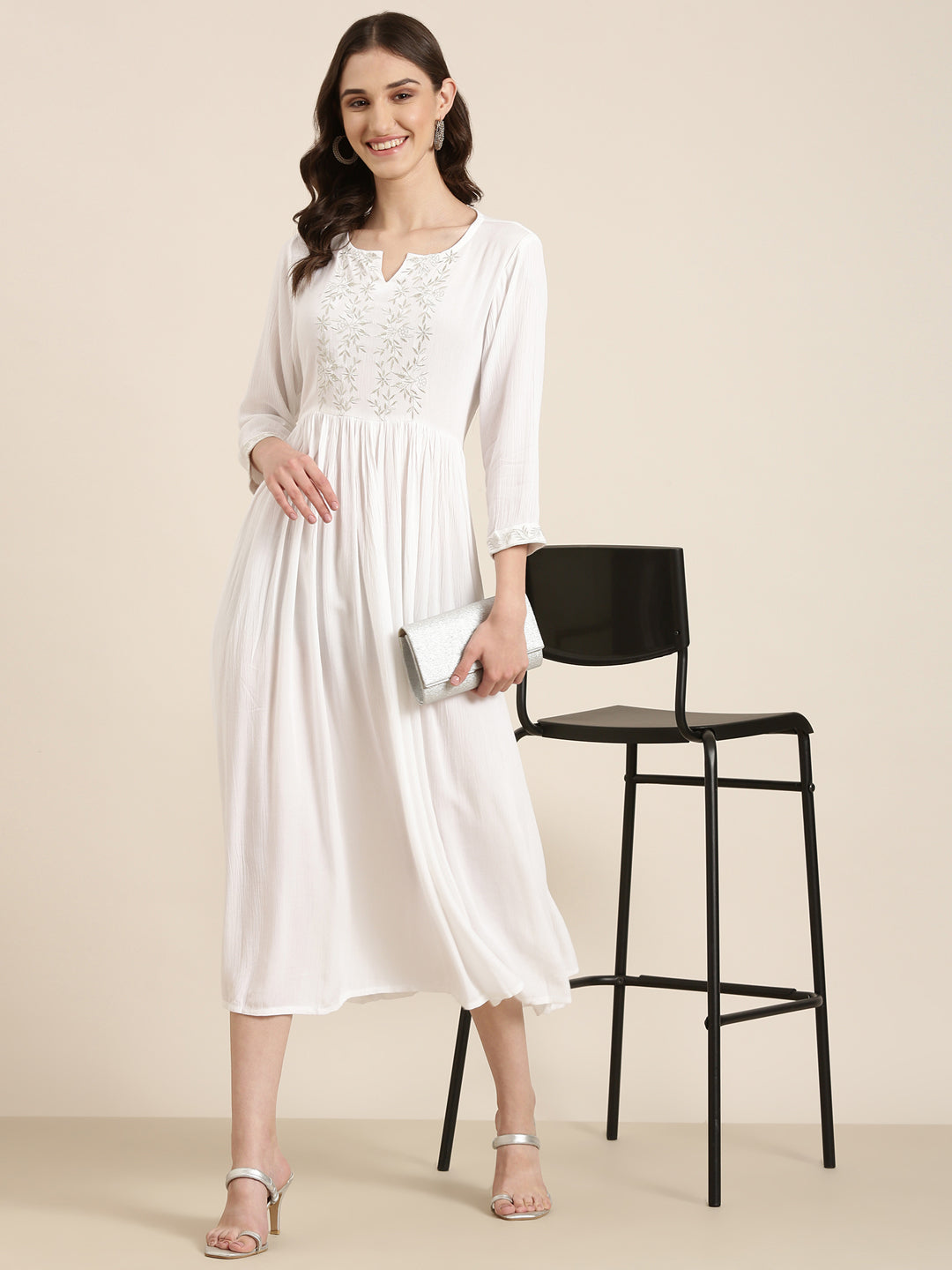 Women White Solid Fit and Flare Dress