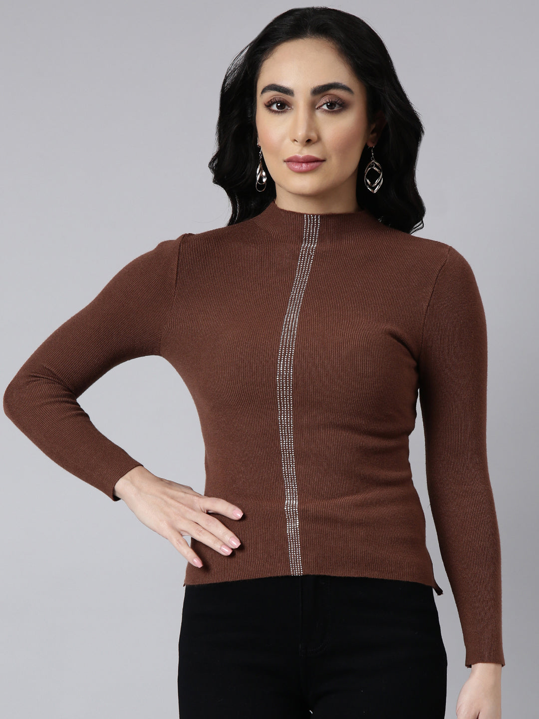 Women Solid Brown Fitted Top