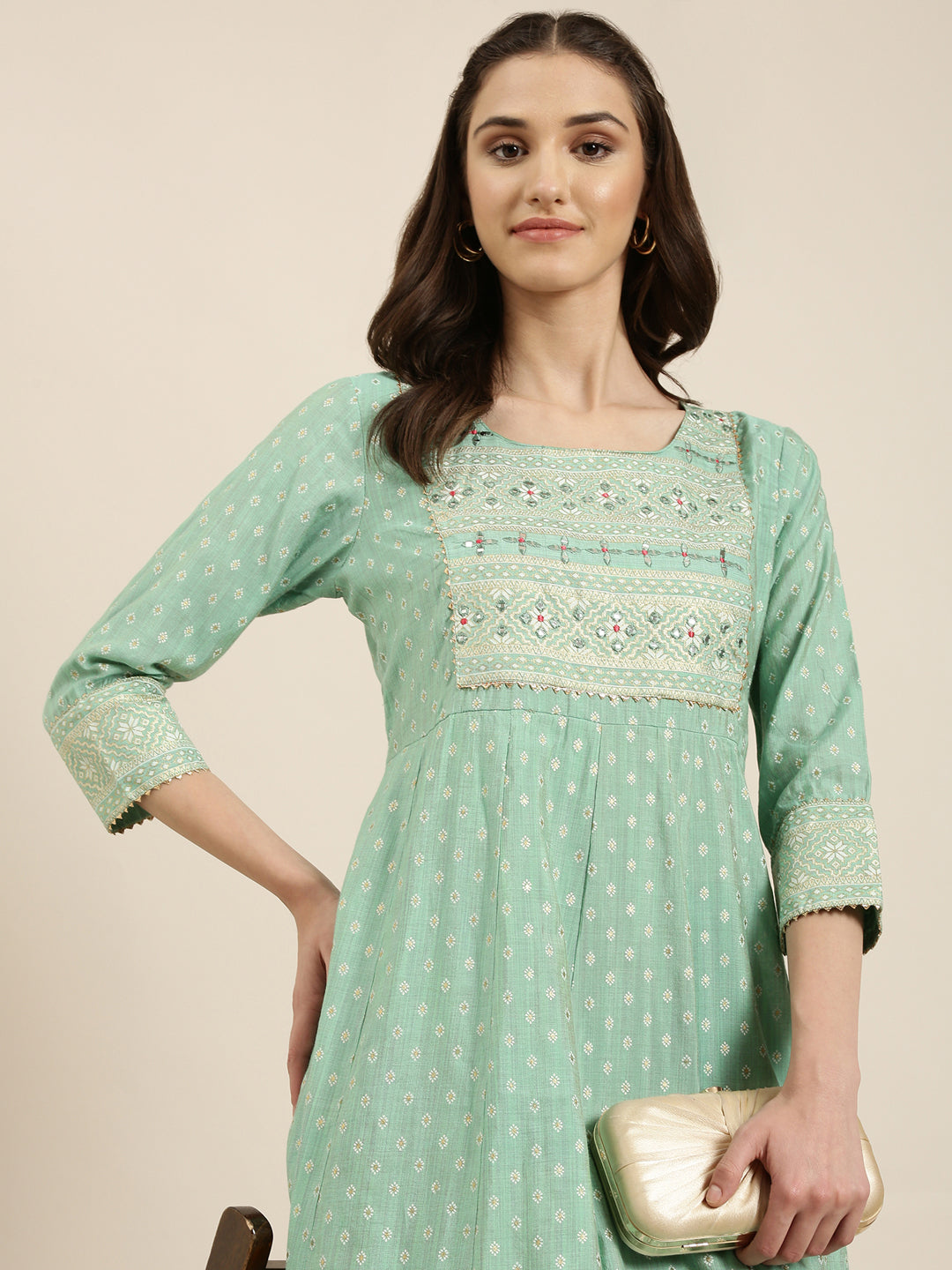 Women Green Floral Anarkali Kurta