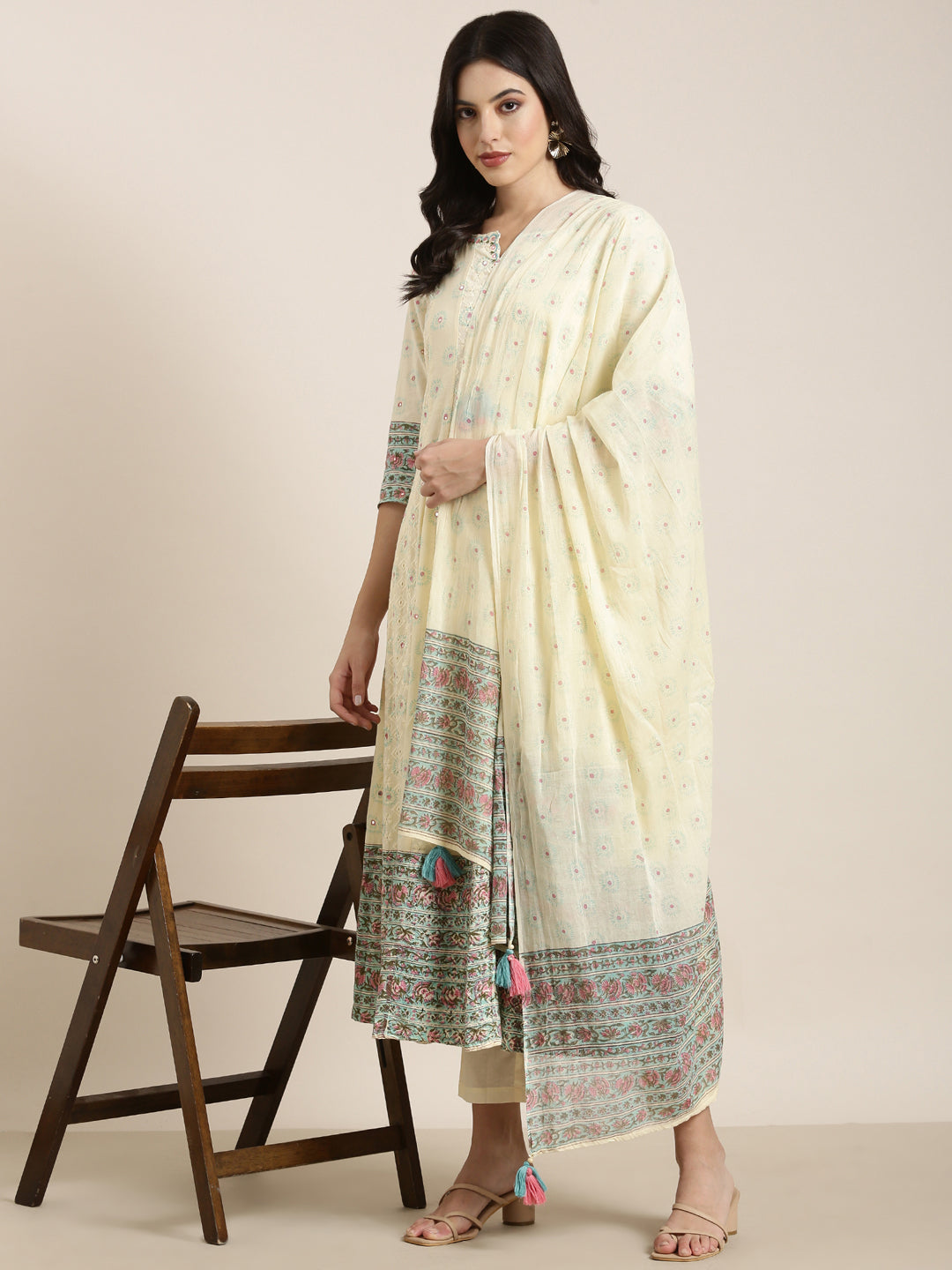 Women Anarkali Cream Floral Kurta and Trousers Set Comes With Dupatta