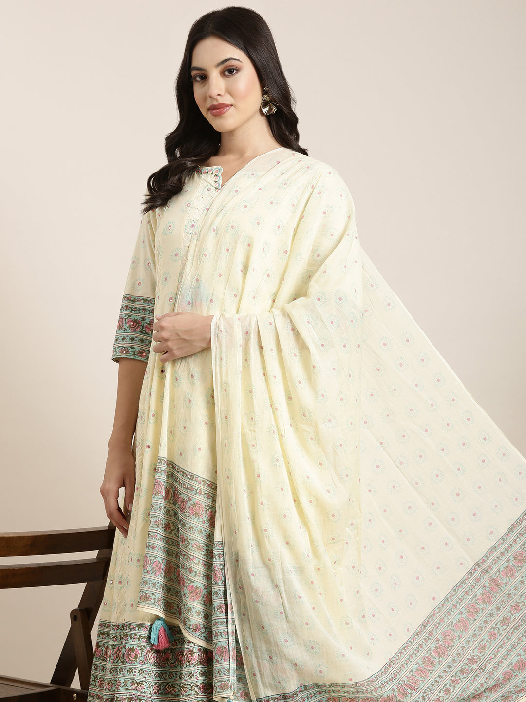 Women Anarkali Cream Floral Kurta and Trousers Set Comes With Dupatta