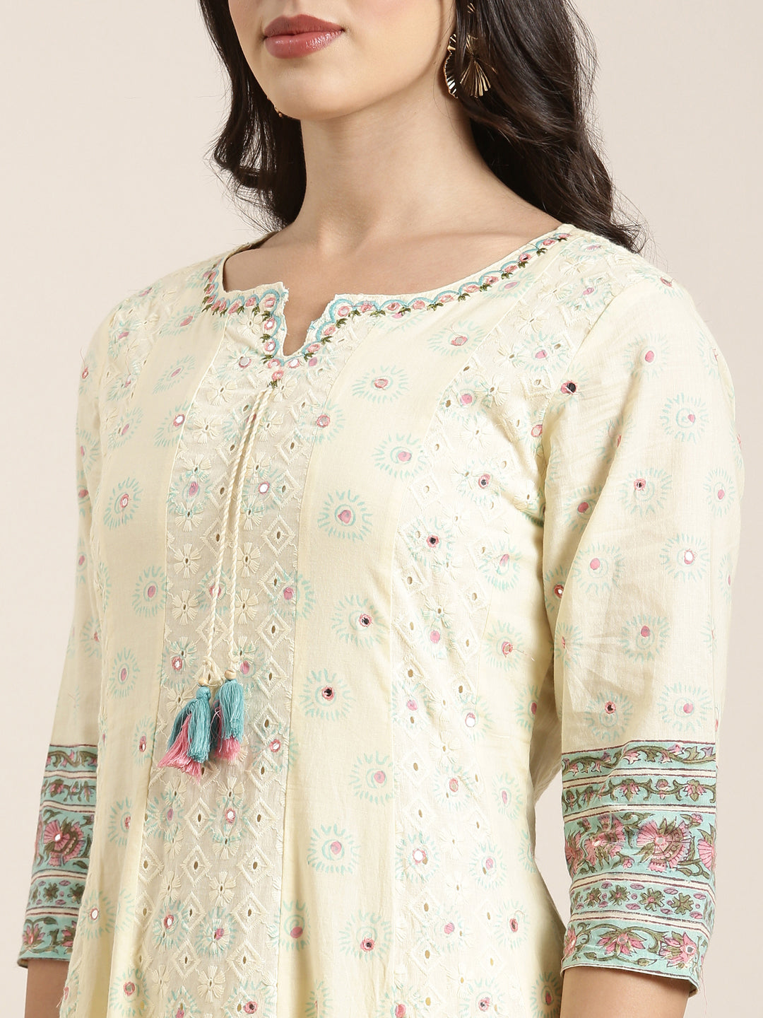 Women Anarkali Cream Floral Kurta and Trousers Set Comes With Dupatta