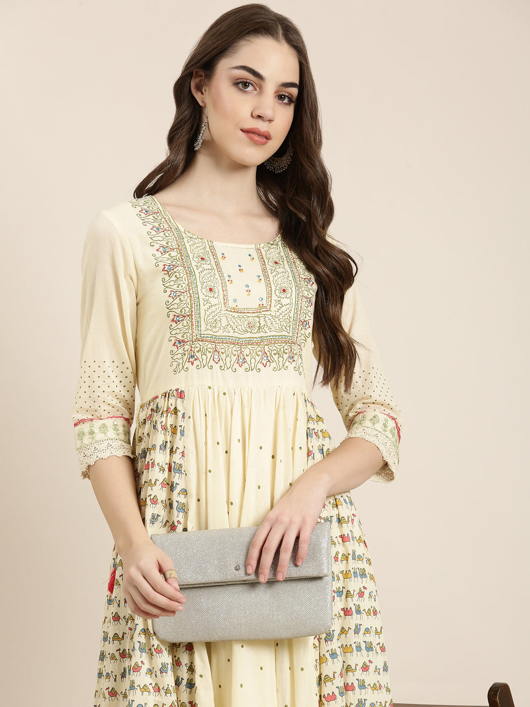 Women Cream Printed Anarkali Kurta