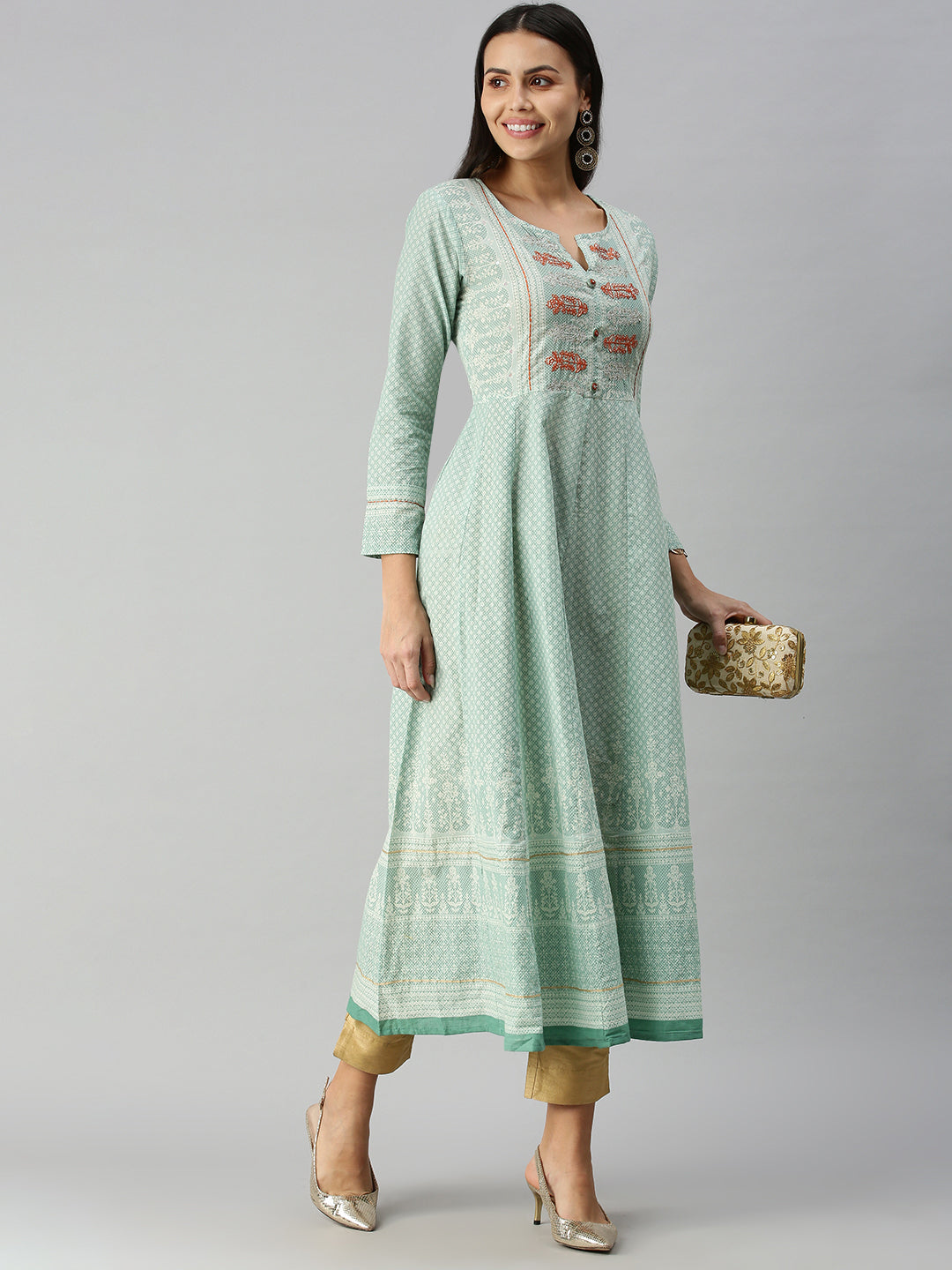 Women's Teal Floral Khatwa Anarkali Kurta