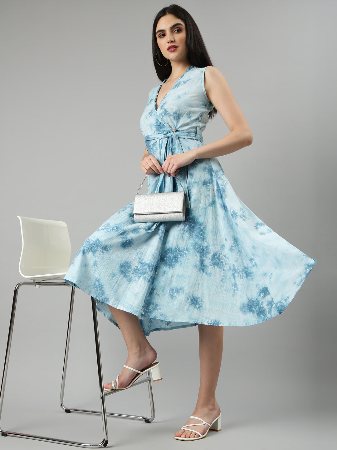 Women Blue Printed Wrap Dress