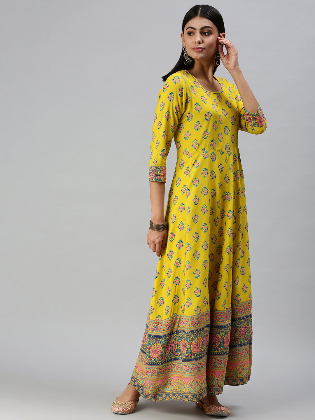 Women's Yellow Printed Anarkali Kurta