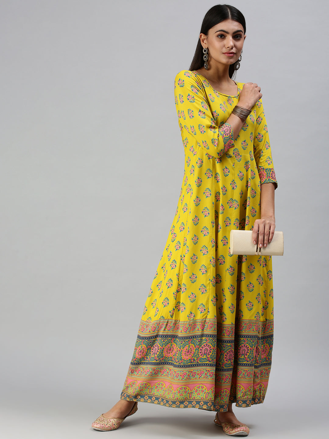 Women's Yellow Printed Anarkali Kurta