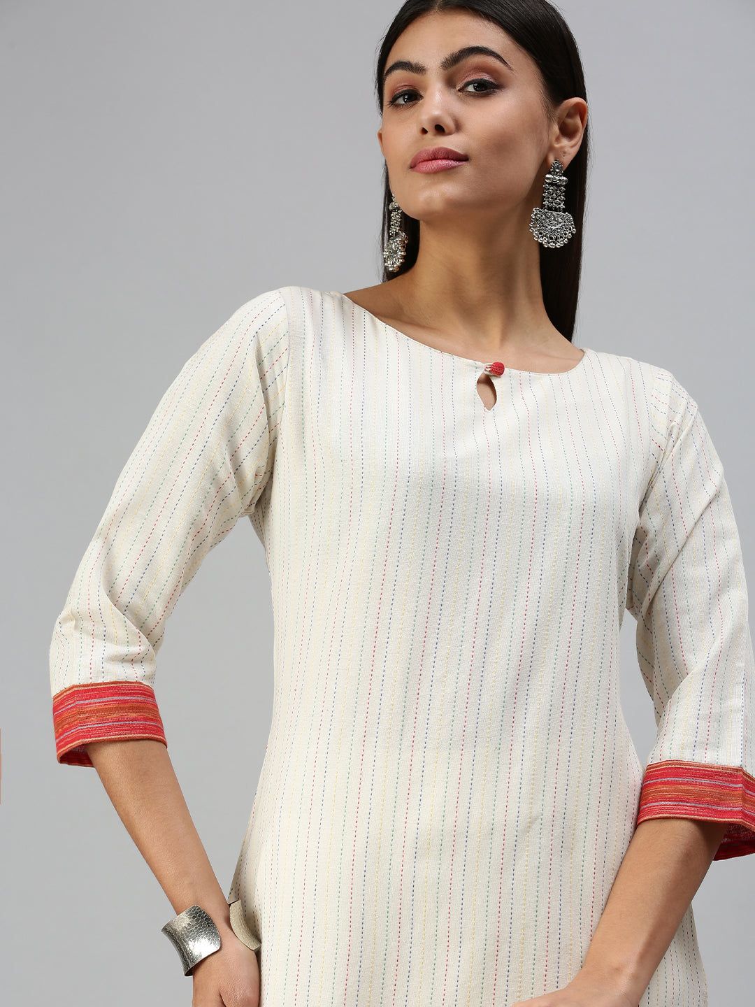 Women's White Striped Straight Kurta