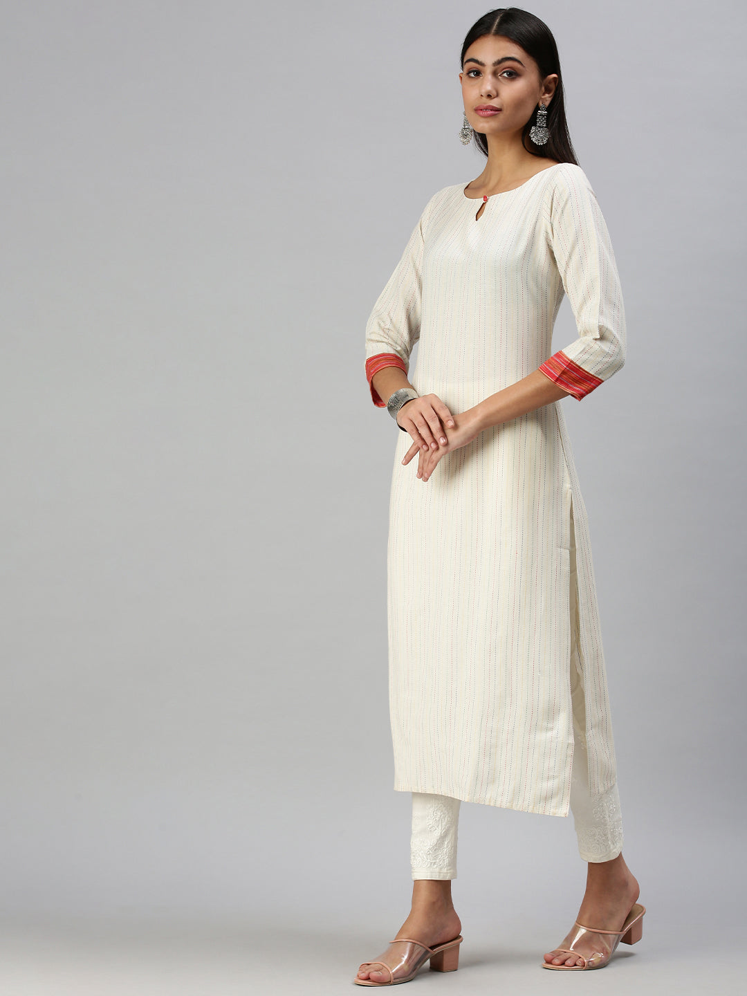 Women's White Striped Straight Kurta