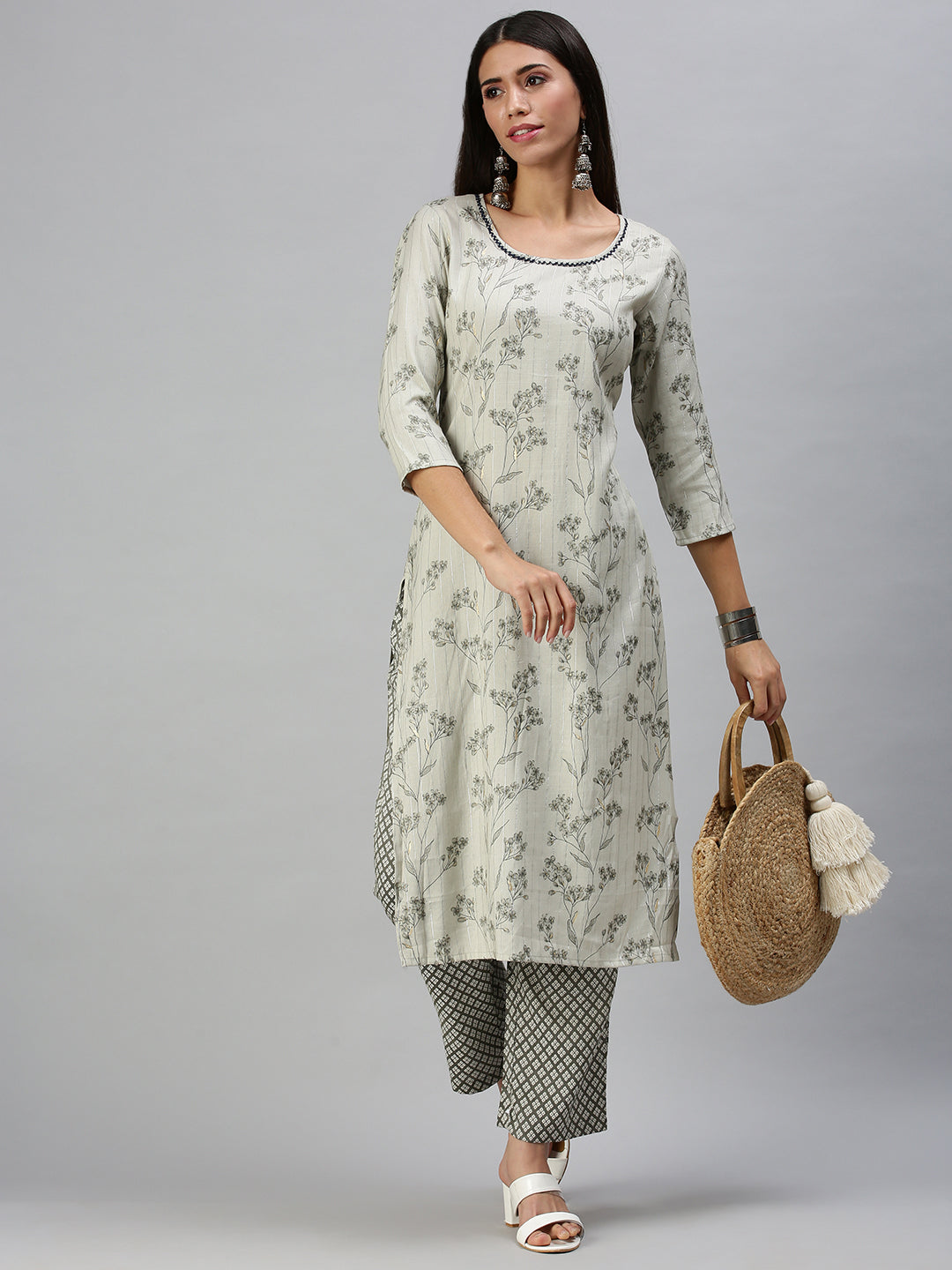 Women's Grey Printed Kurta Sets