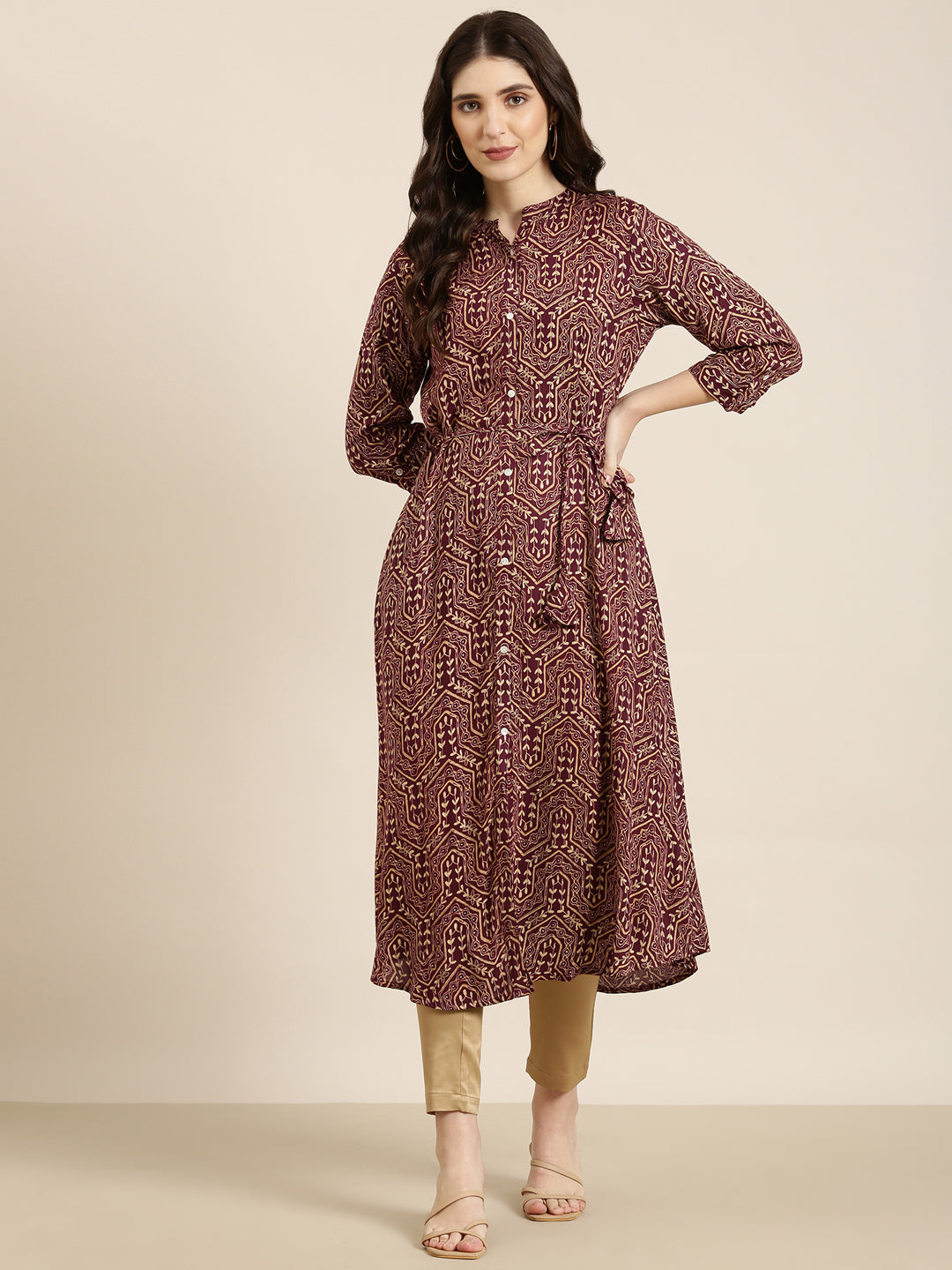 Women Burgundy Geometrical A-Line Kurta