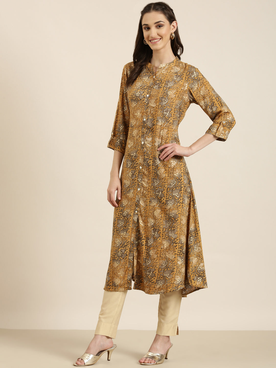 Women Mustard Printed A-Line Kurta