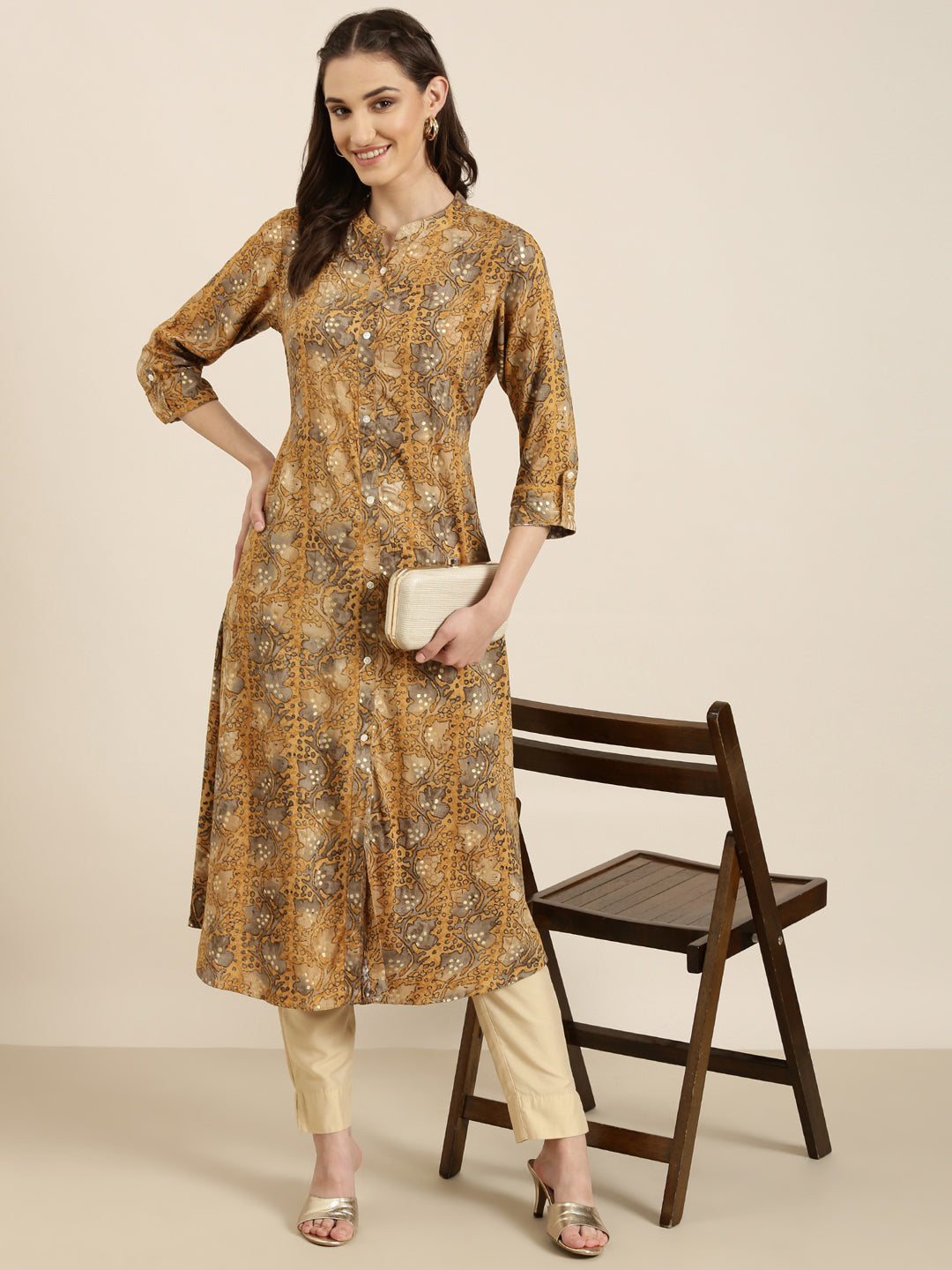 Women Mustard Printed A-Line Kurta