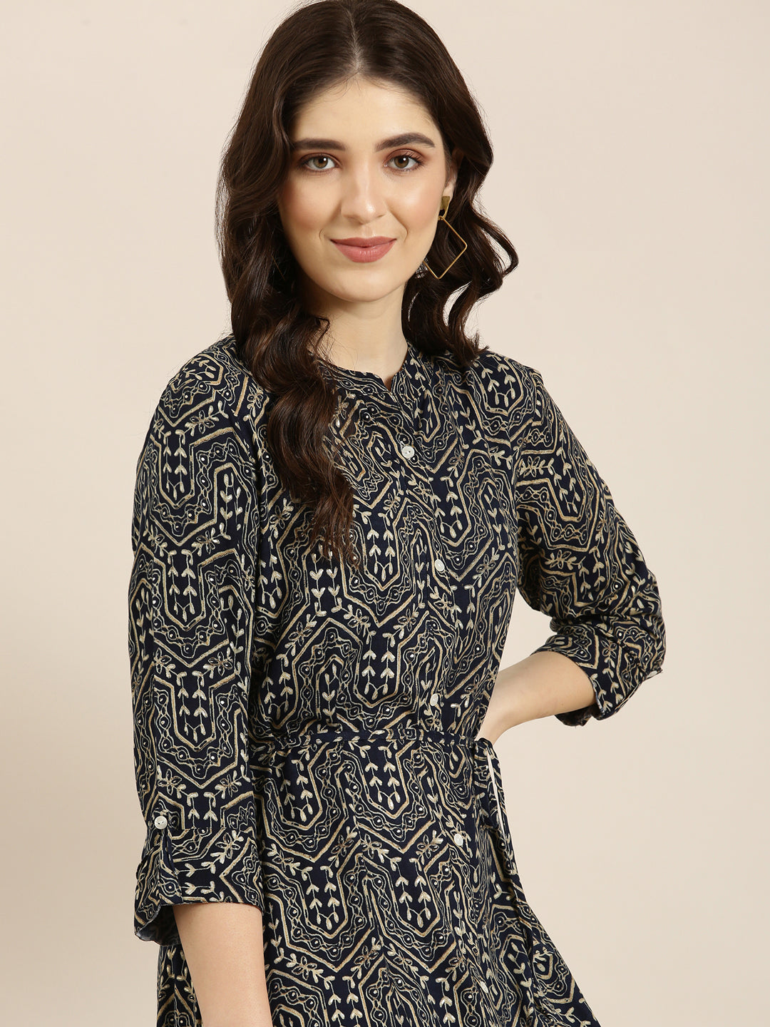 Women Navy Blue Geometrical A-Line Kurta