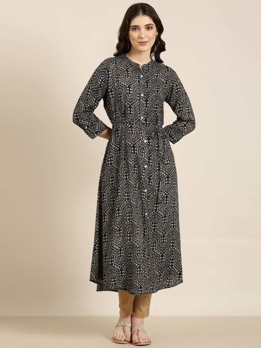 Women Navy Blue Geometrical A-Line Kurta