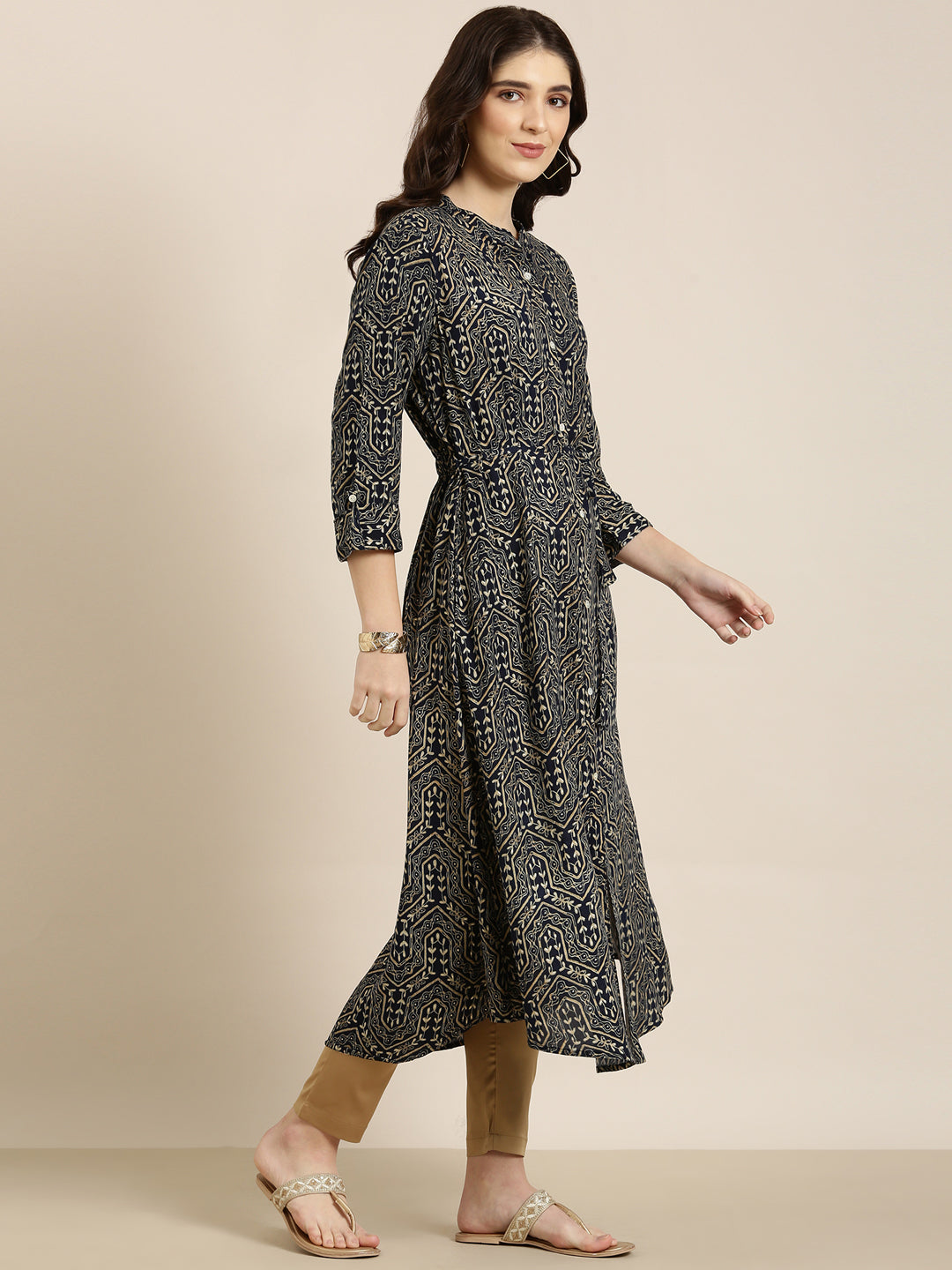 Women Navy Blue Geometrical A-Line Kurta