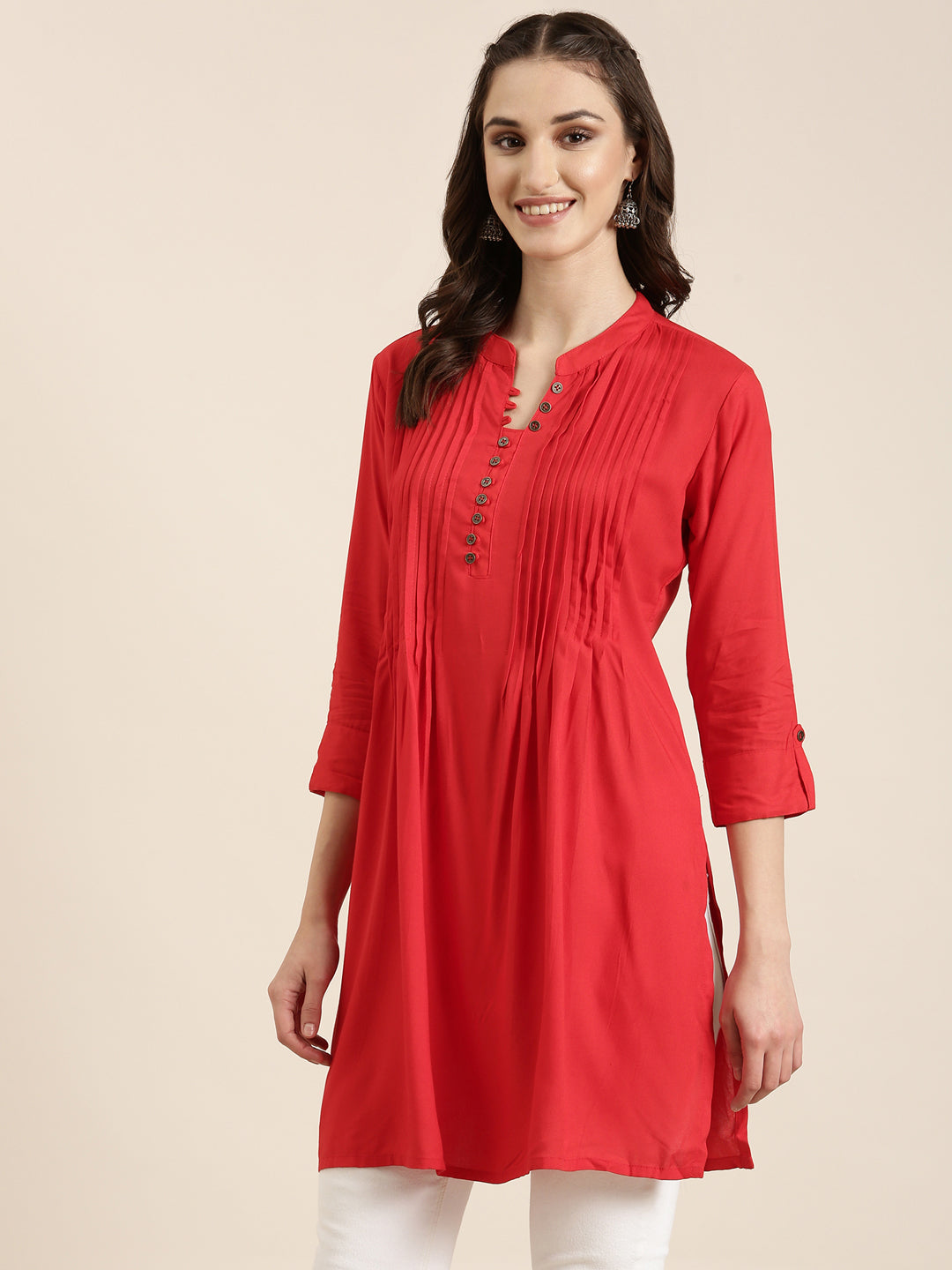 Women Red Solid A-Line Kurti