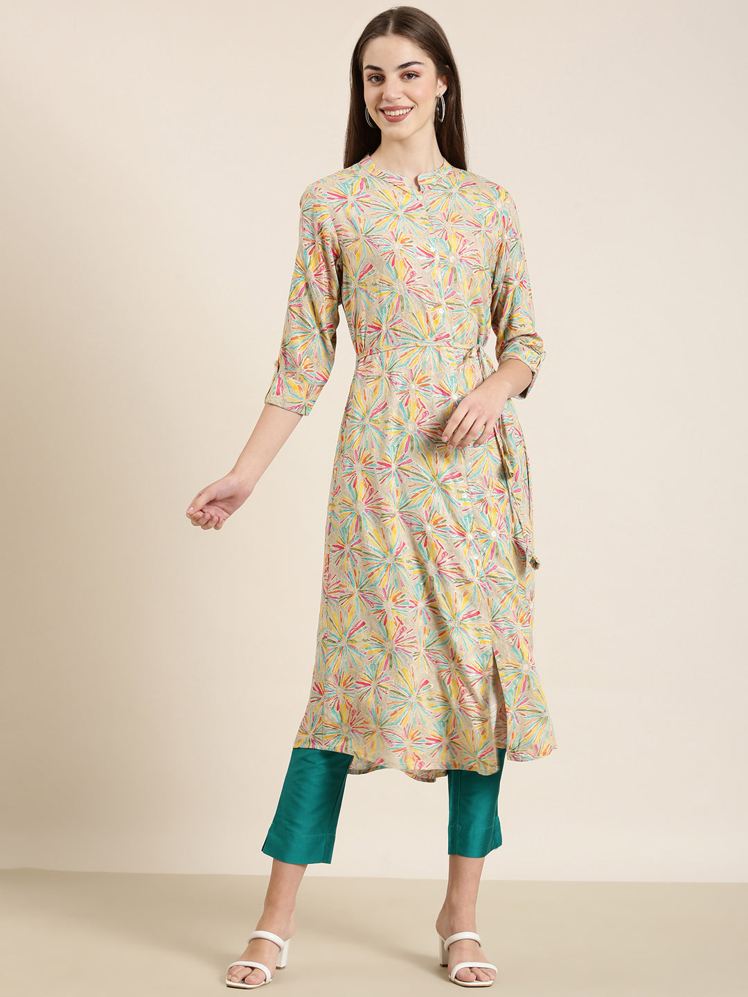 Women Beige Floral A-Line Kurta