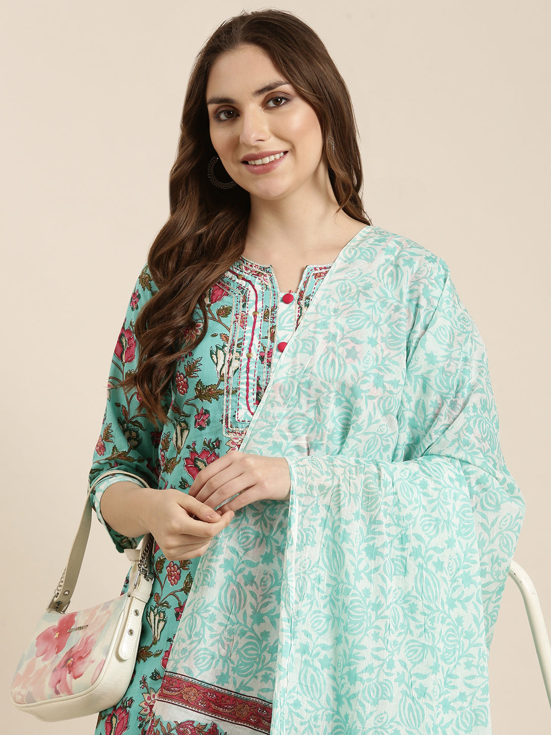 Women Straight Turquoise Blue Floral Kurta and Trousers Set Comes With Dupatta