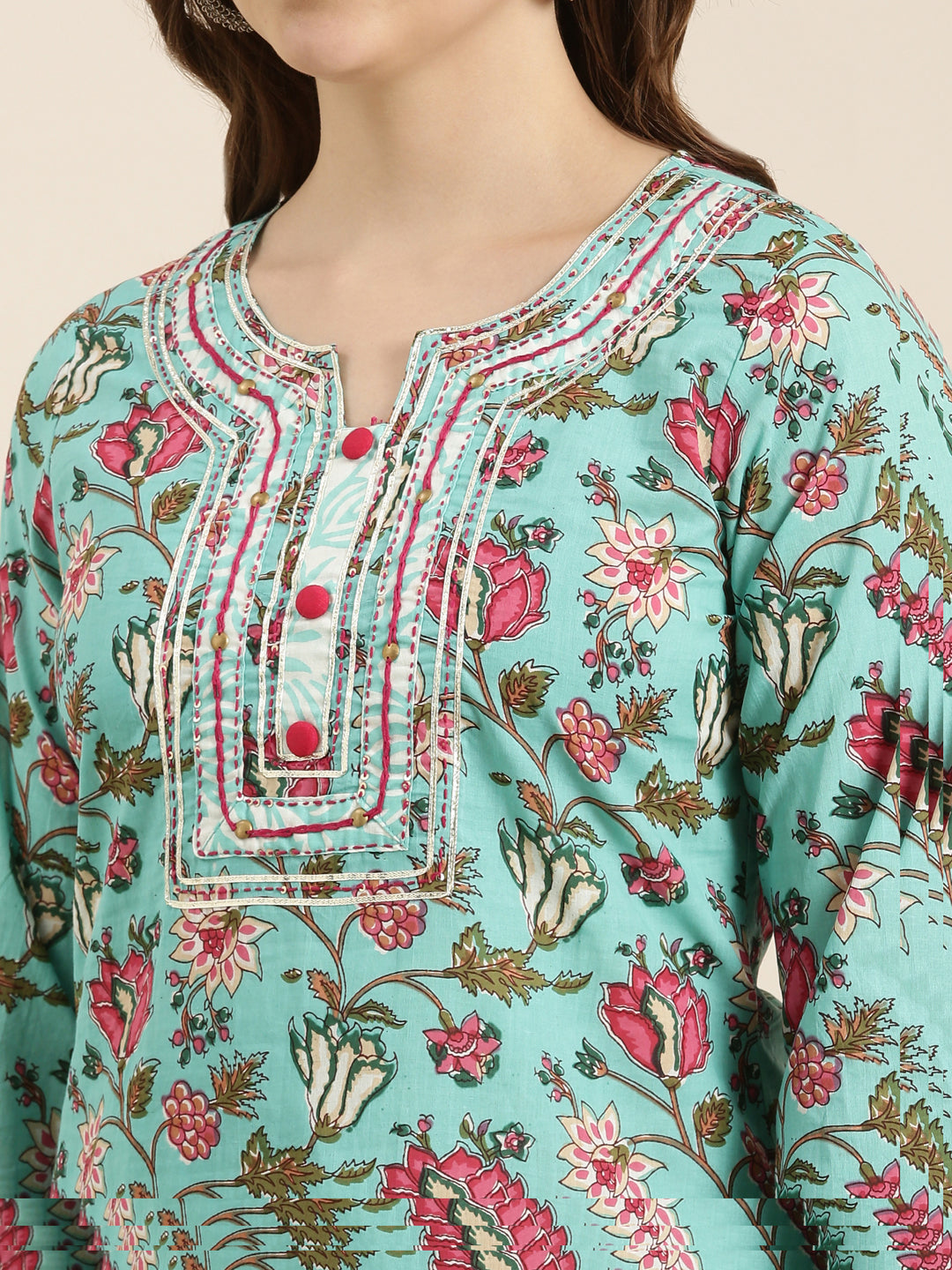 Women Straight Turquoise Blue Floral Kurta and Trousers Set Comes With Dupatta