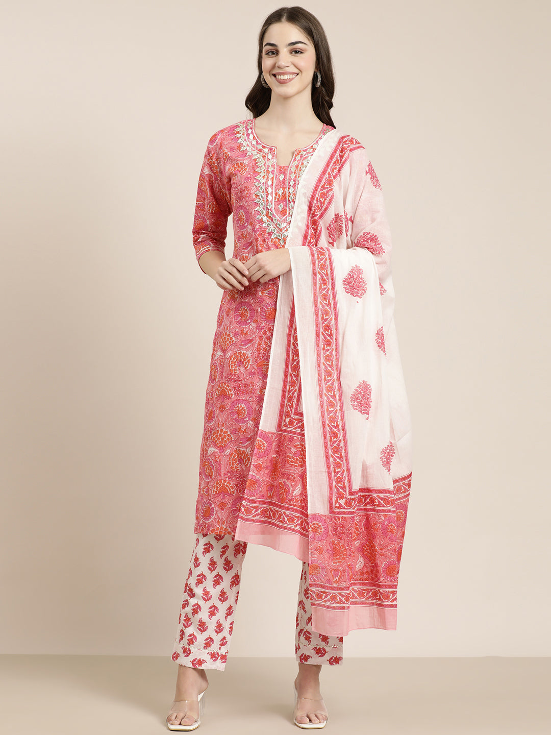 Women Pink Floral Kurta Set