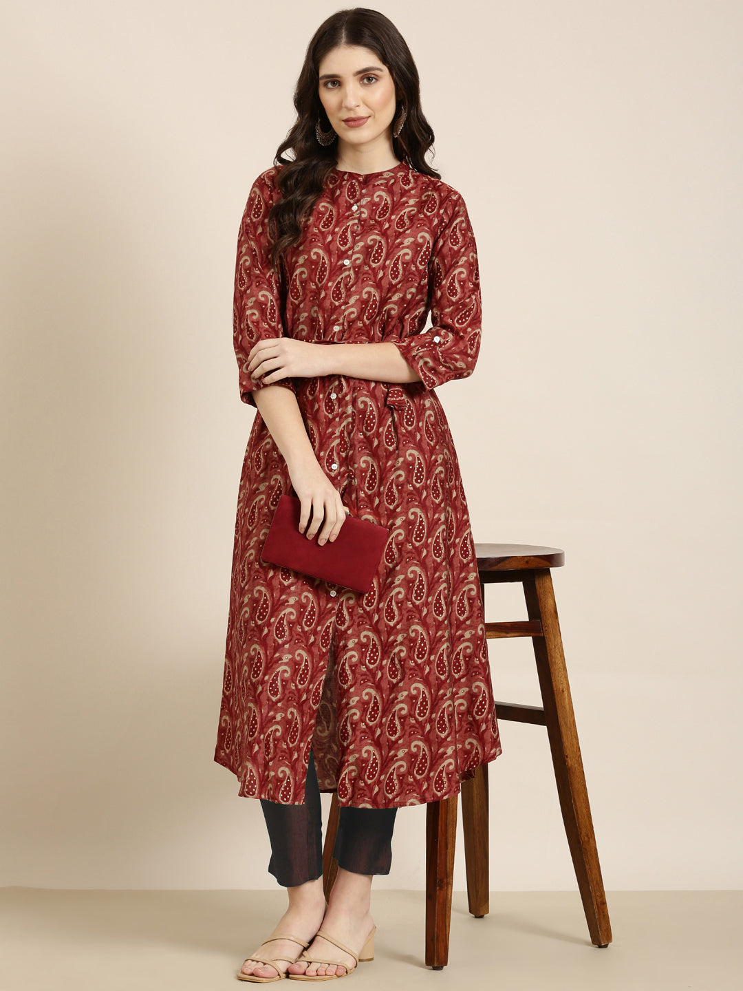 Women Maroon Paisley A-Line Kurta